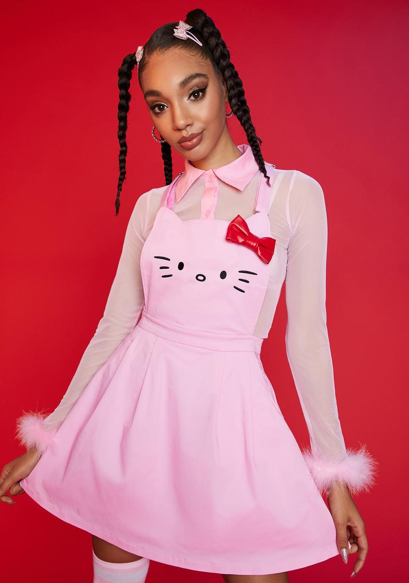 Dolls Kill Hello Kitty Graphic Face Overall Mini Dress - Pastel Pink Dolls Kill Hello Kitty Graphic Face Overall Mini Dress - Pastel Pink