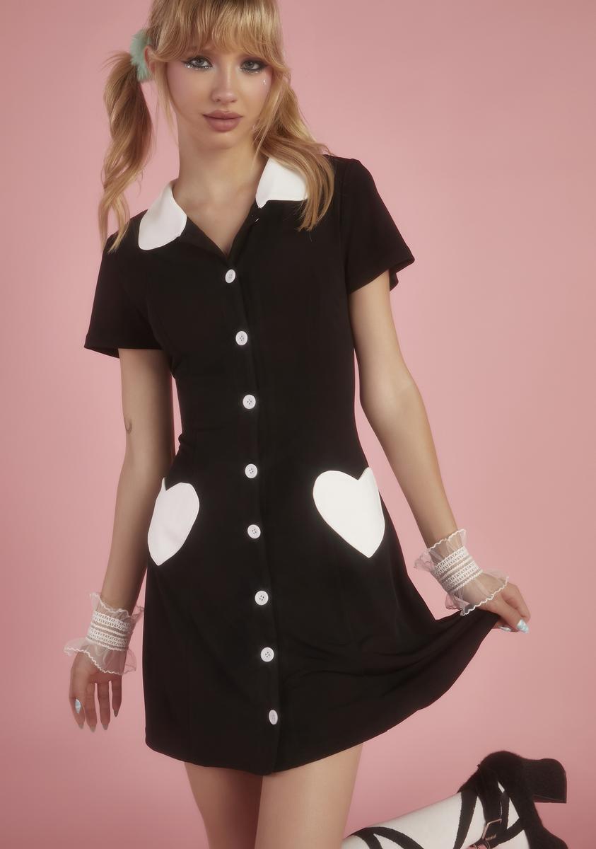 Sugar Thrillz Collared Heart Pocket Mini Dress - Black