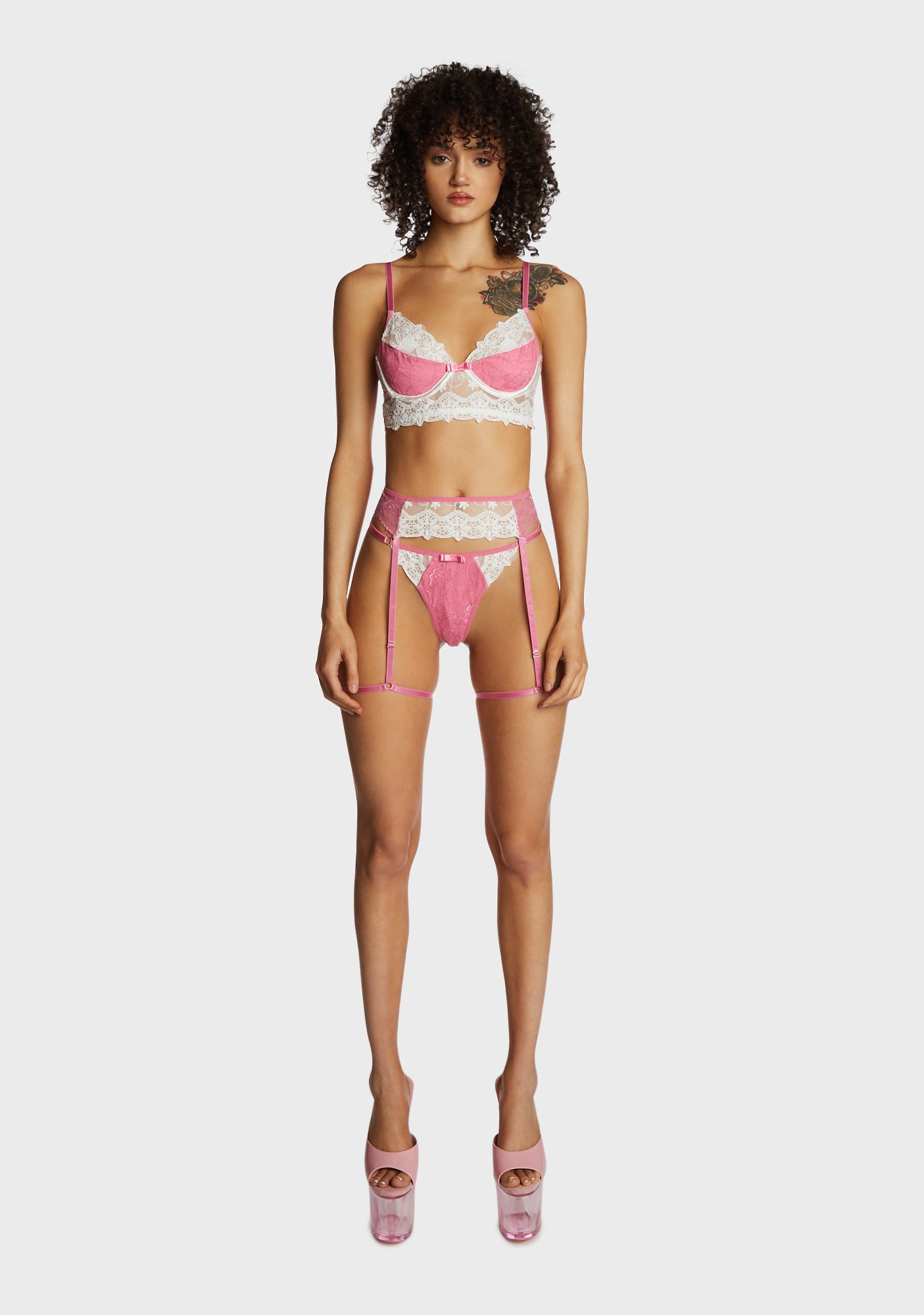 Sheer Color Blocked Lace Lingerie Set - Pink/White Dolls Kill Sheer Color Blocked Lace Lingerie Set - Pink/White Dolls Kill