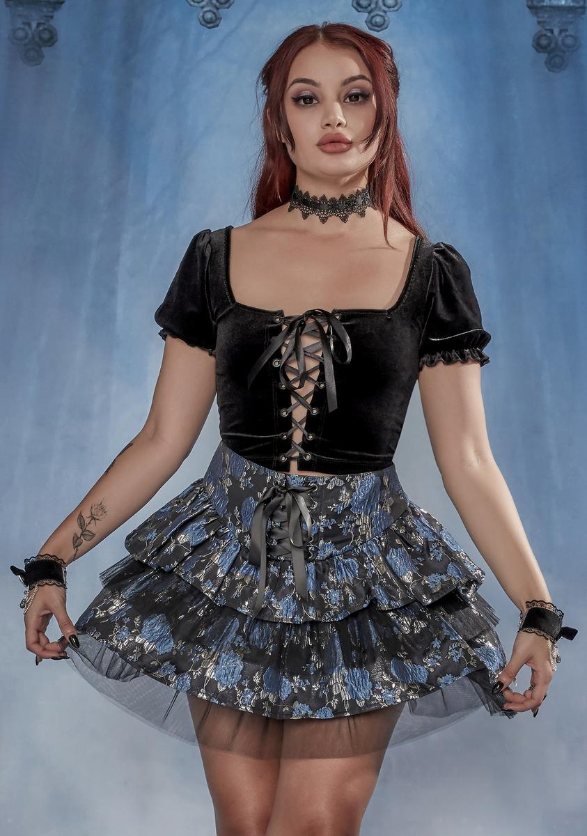 Widow Velvet Lace Up Top With Puff Sleeves - Black