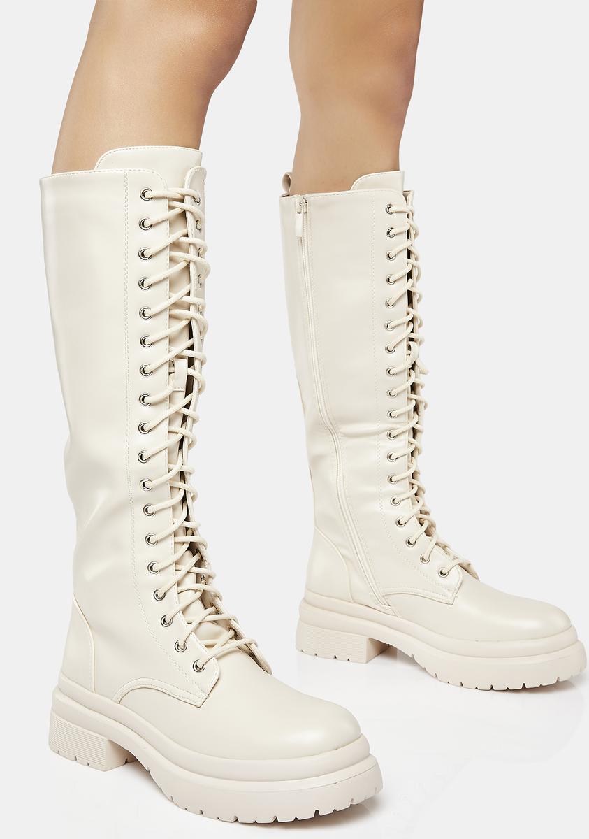 Vegan Leather Lace Up Zipper Knee High Boots - White – Dolls Kill