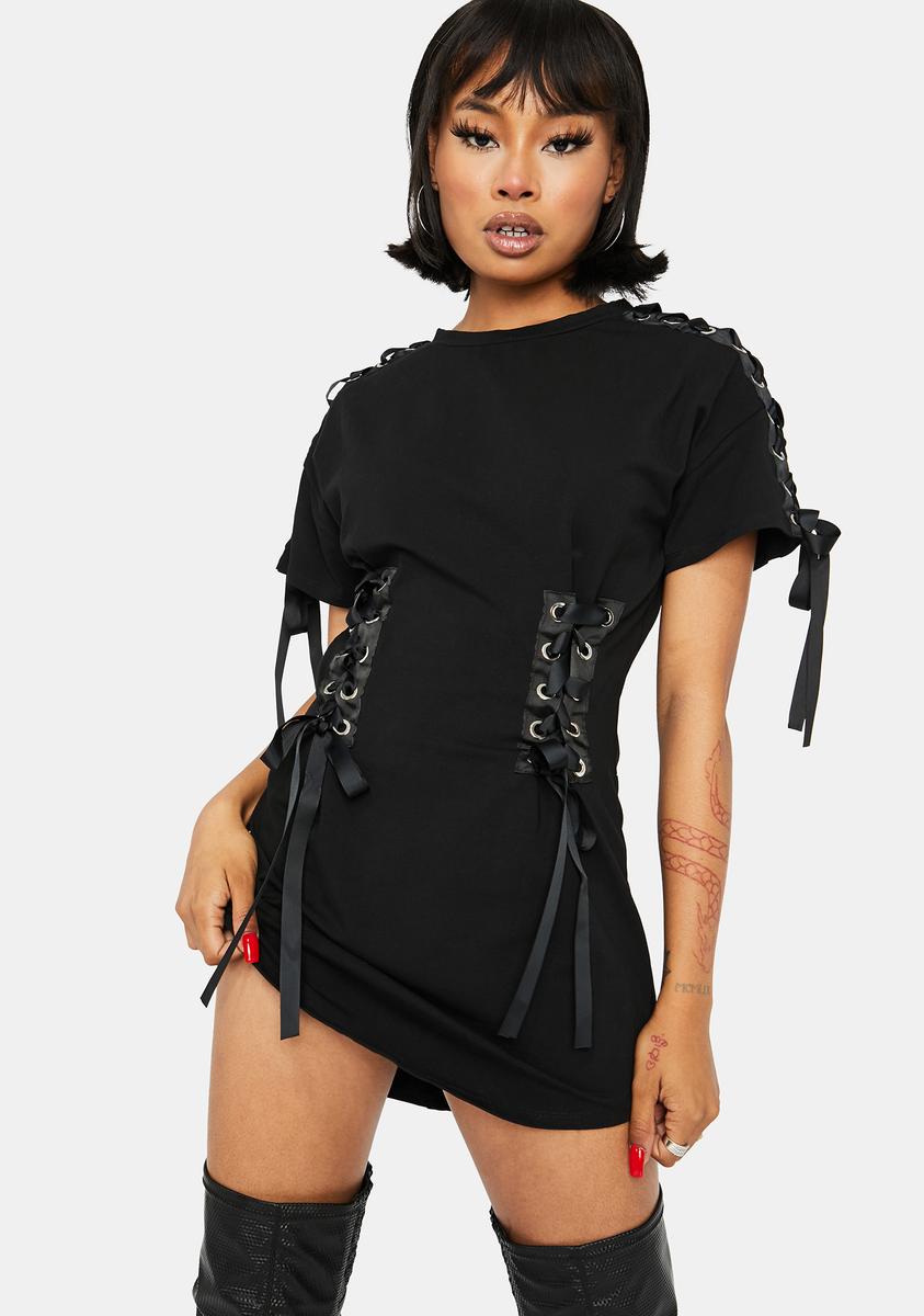 Lace Up Sleeves And Front Shirt Dress - Black Dolls Kill Lace Up Sleeves And Front Shirt Dress - Black Dolls Kill