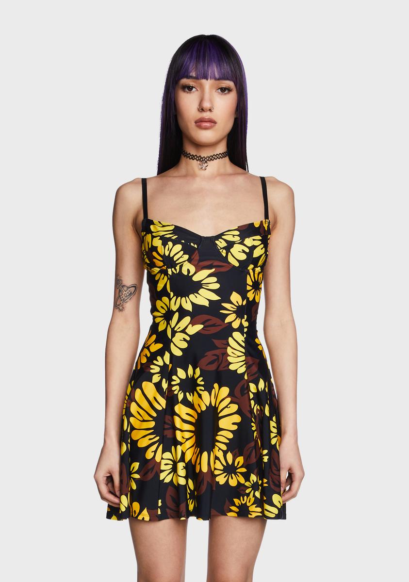 Delia's Sunflower Print Underwire Mini Dress - Black/Yellow Dolls Kill Delia's Sunflower Print Underwire Mini Dress - Black/Yellow Dolls Kill