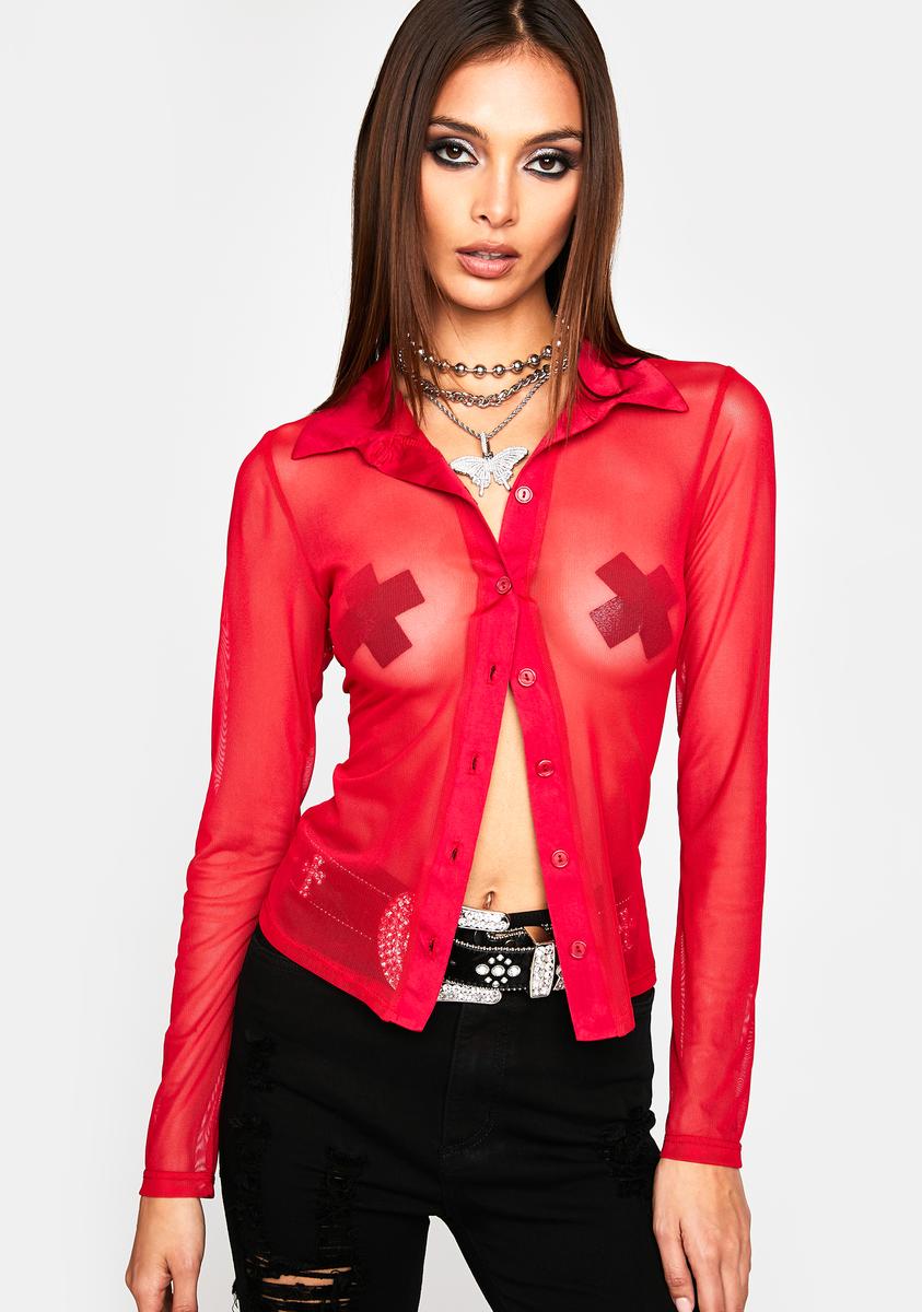 Sheer Fitted Button Up Shirt - Red Dolls Kill Sheer Fitted Button Up Shirt - Red Dolls Kill