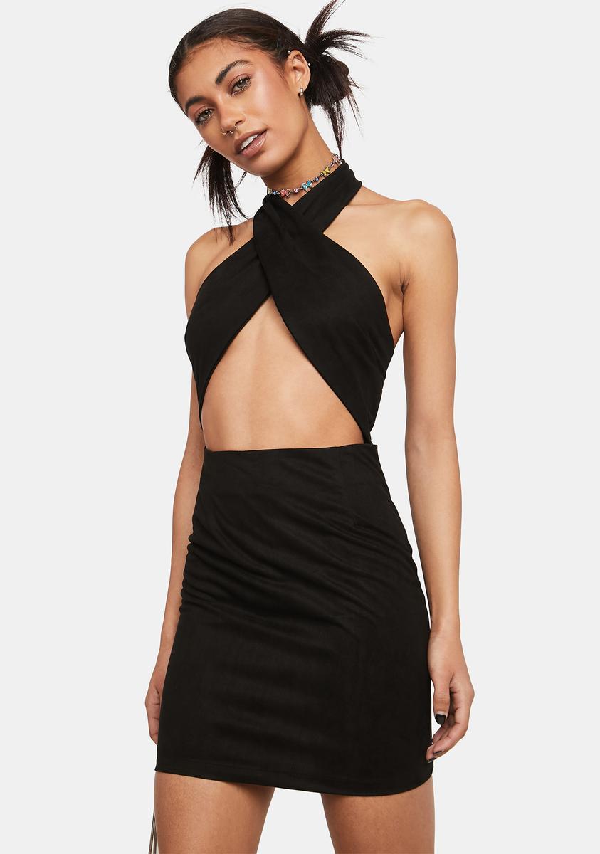 Pretty Garbage Faux Suede Halter Cut Out Mini Dress