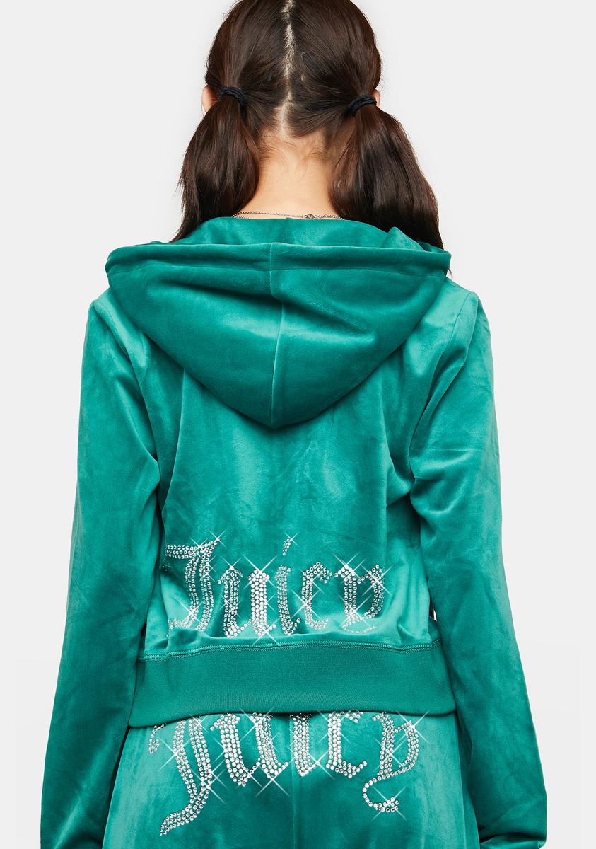 Juicy Couture Velour Back Rhinestone Logo Hoodie Green Dolls Kill