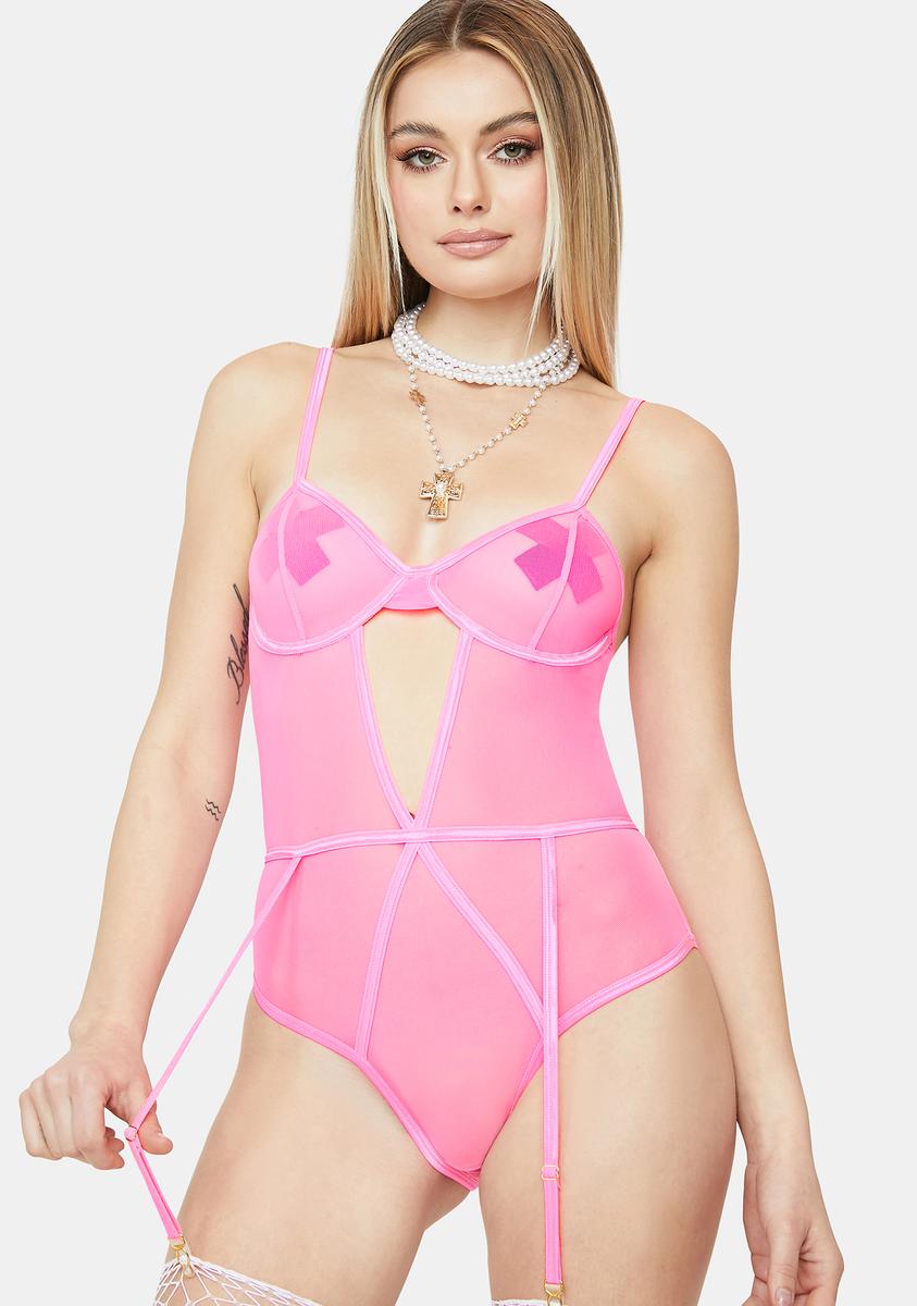 Forplay Sheer Mesh Cutout Garter Belt Teddy - Pink Dolls Kill Forplay Sheer Mesh Cutout Garter Belt Teddy - Pink Dolls Kill