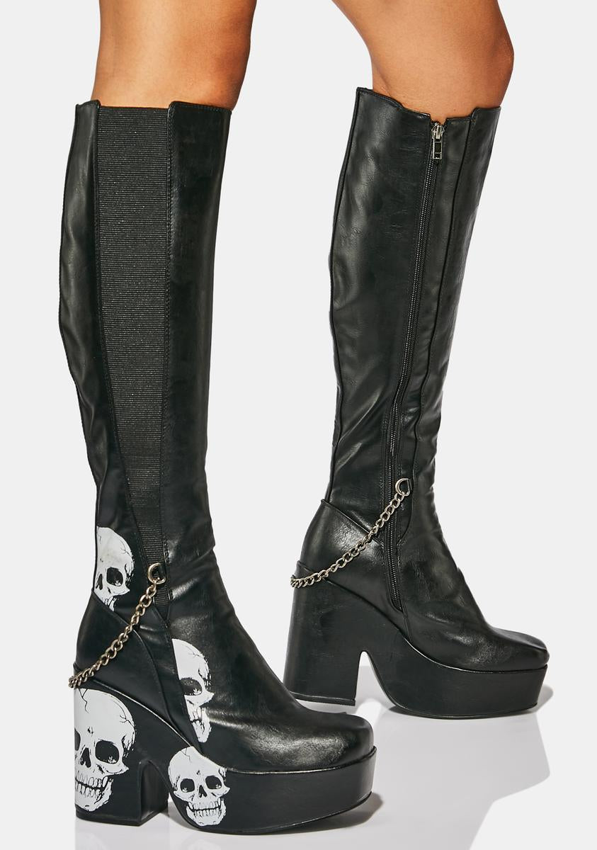 Lamoda Skull Print Knee High Platform Chain Boots Black – Dolls Kill - Main Image