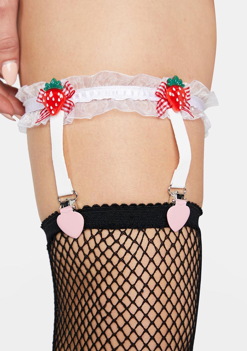 Strawberry Bow Ruffle Leg Garters - White/Red Dolls Kill Strawberry Bow Ruffle Leg Garters - White/Red Dolls Kill