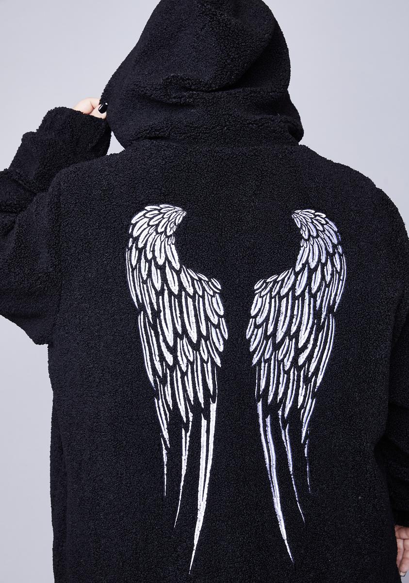 Plus Size Widow Teddy Fleece Jacket With Embroidered Wings - Black