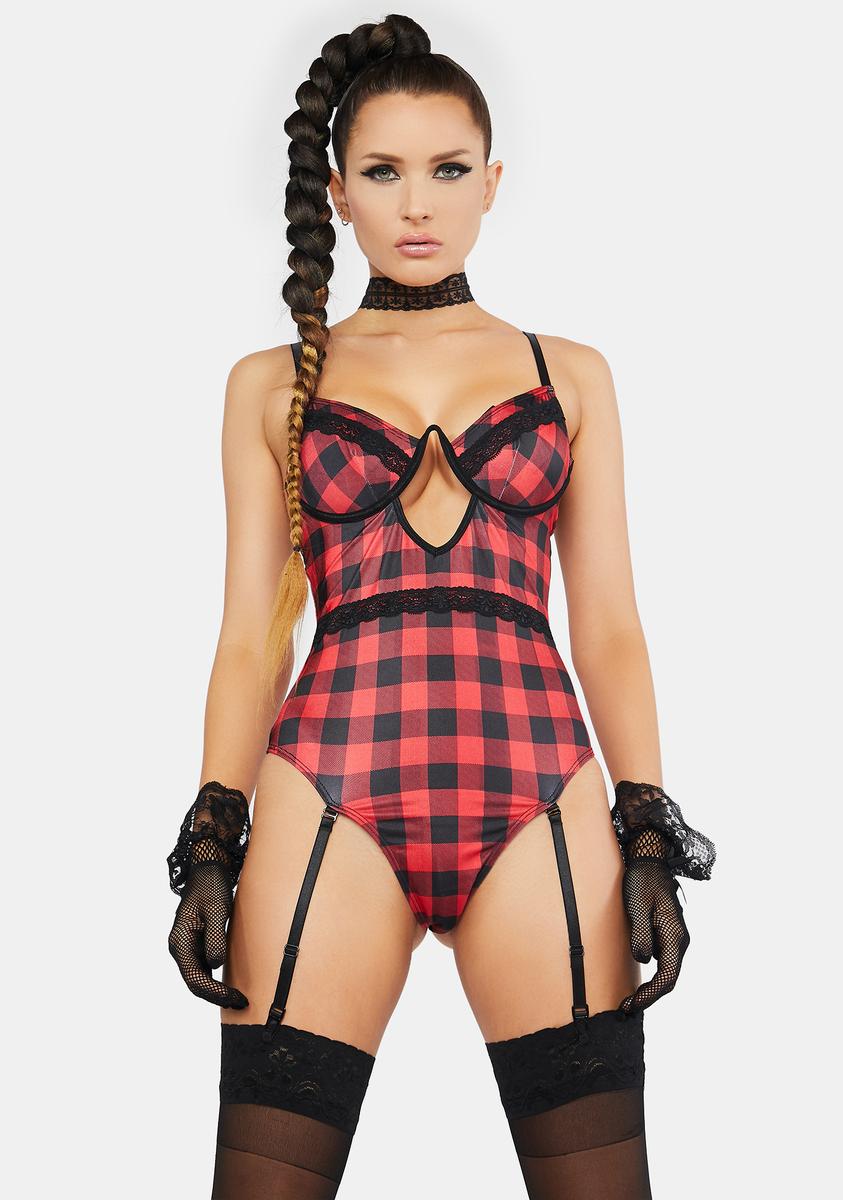 Buffalo Plaid Teddy Lingerie With Garter Straps - Red/Black  Dolls Kill