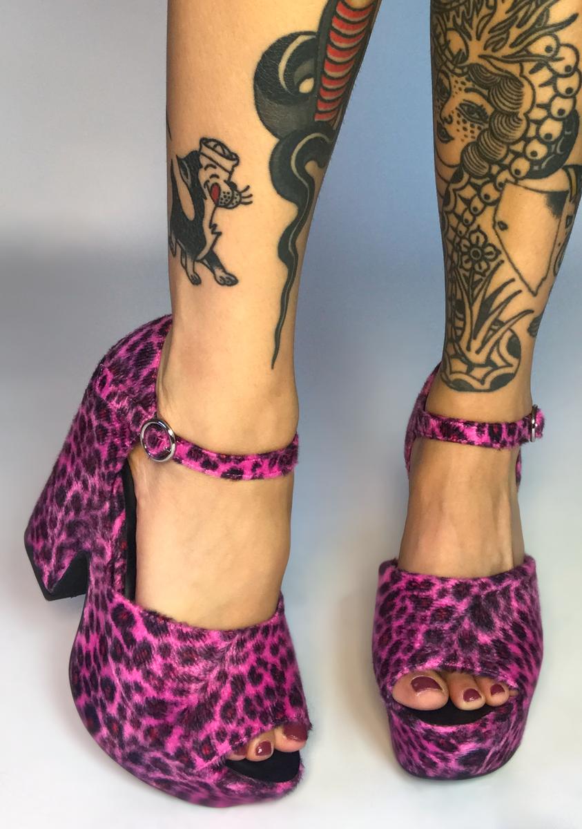 Delia's Fuzzy Leopard Print Platform Heels Pink – Dolls Kill