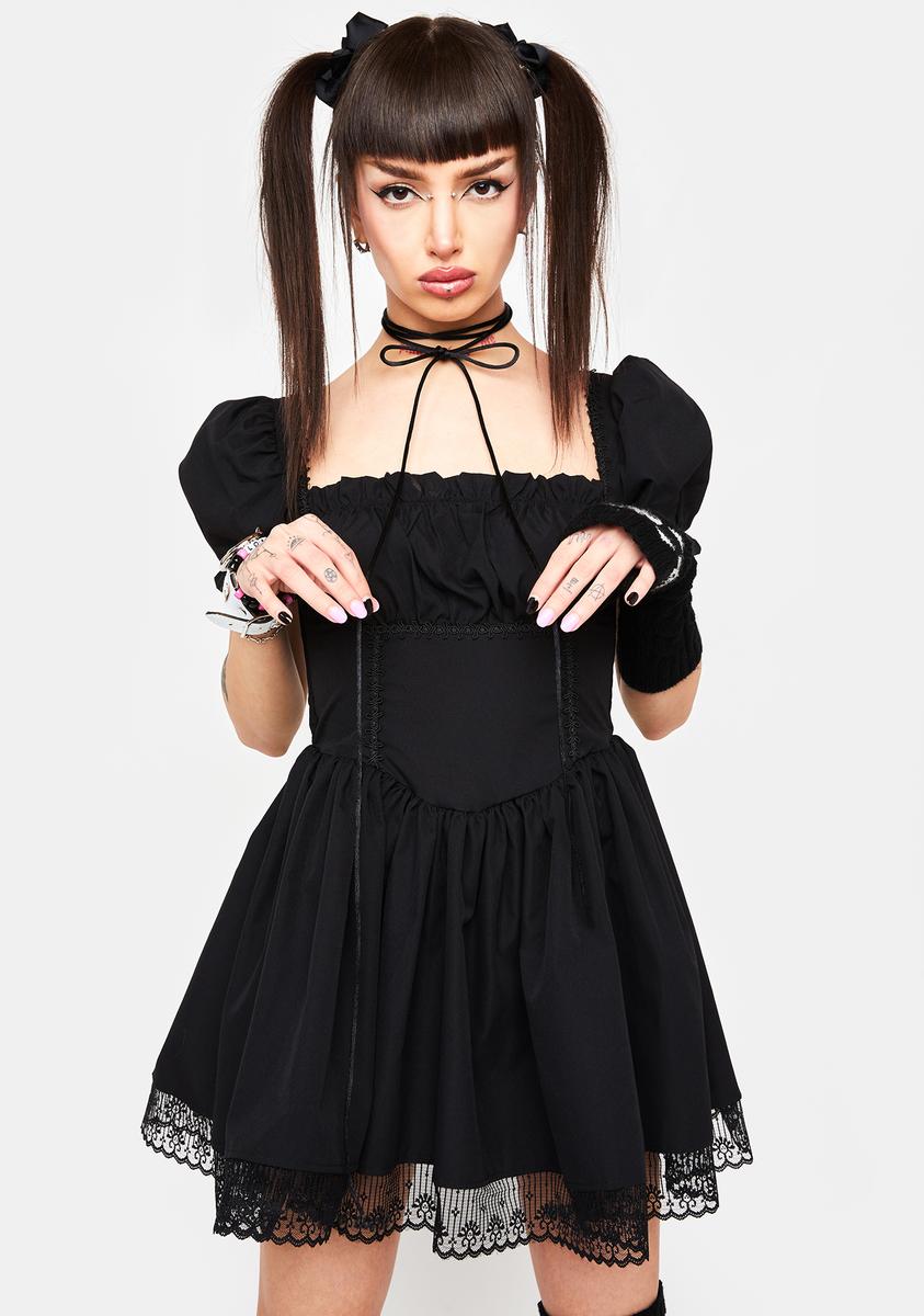Puff Sleeve Lace Trim Babydoll Dress Black Dolls Kill