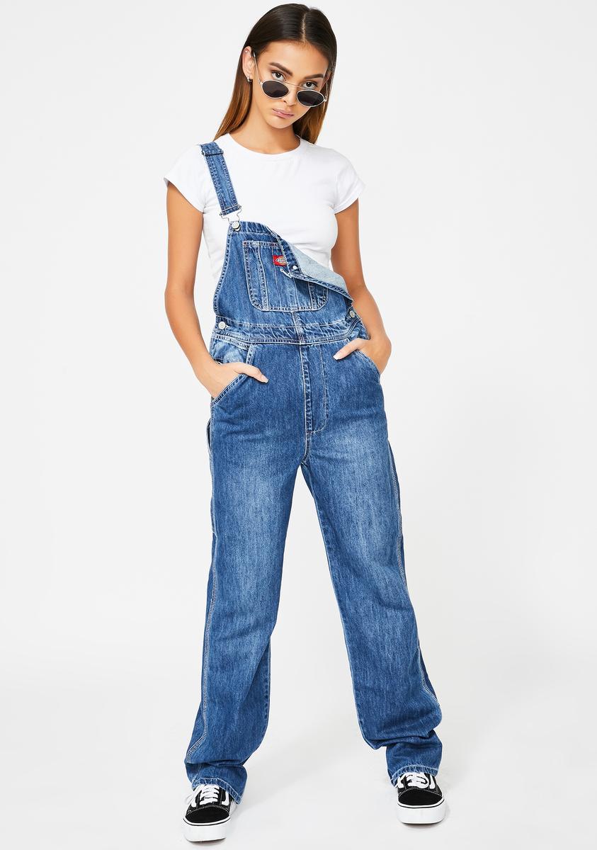 Dickies Girl Medium Wash Relaxed Denim Overalls Dolls Kill