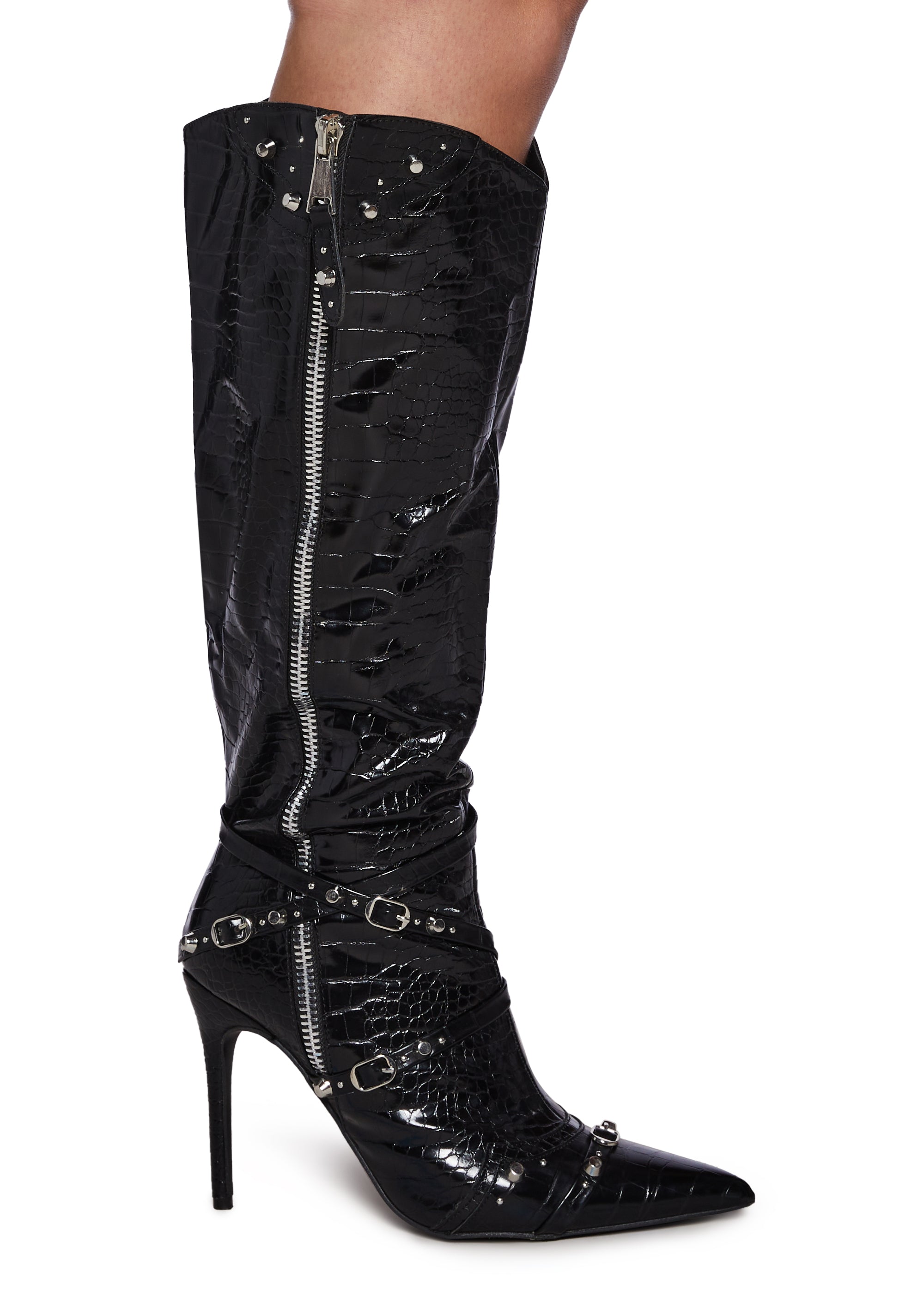 White Wide Fit Croc High Stiletto Heel Knee Boots