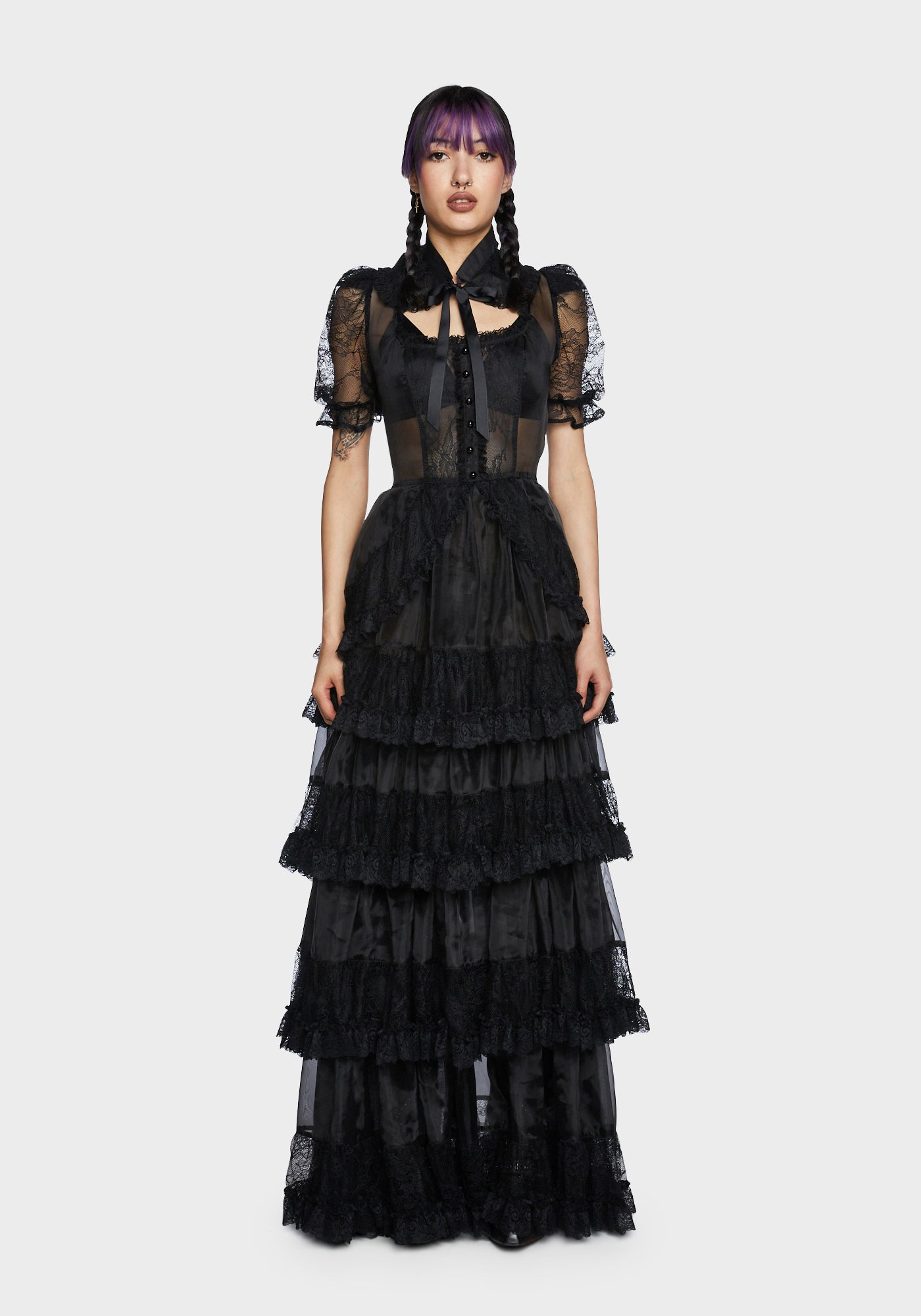 Current Mood Sheer Lace Layered Ruffle Organza Maxi Dress- Black