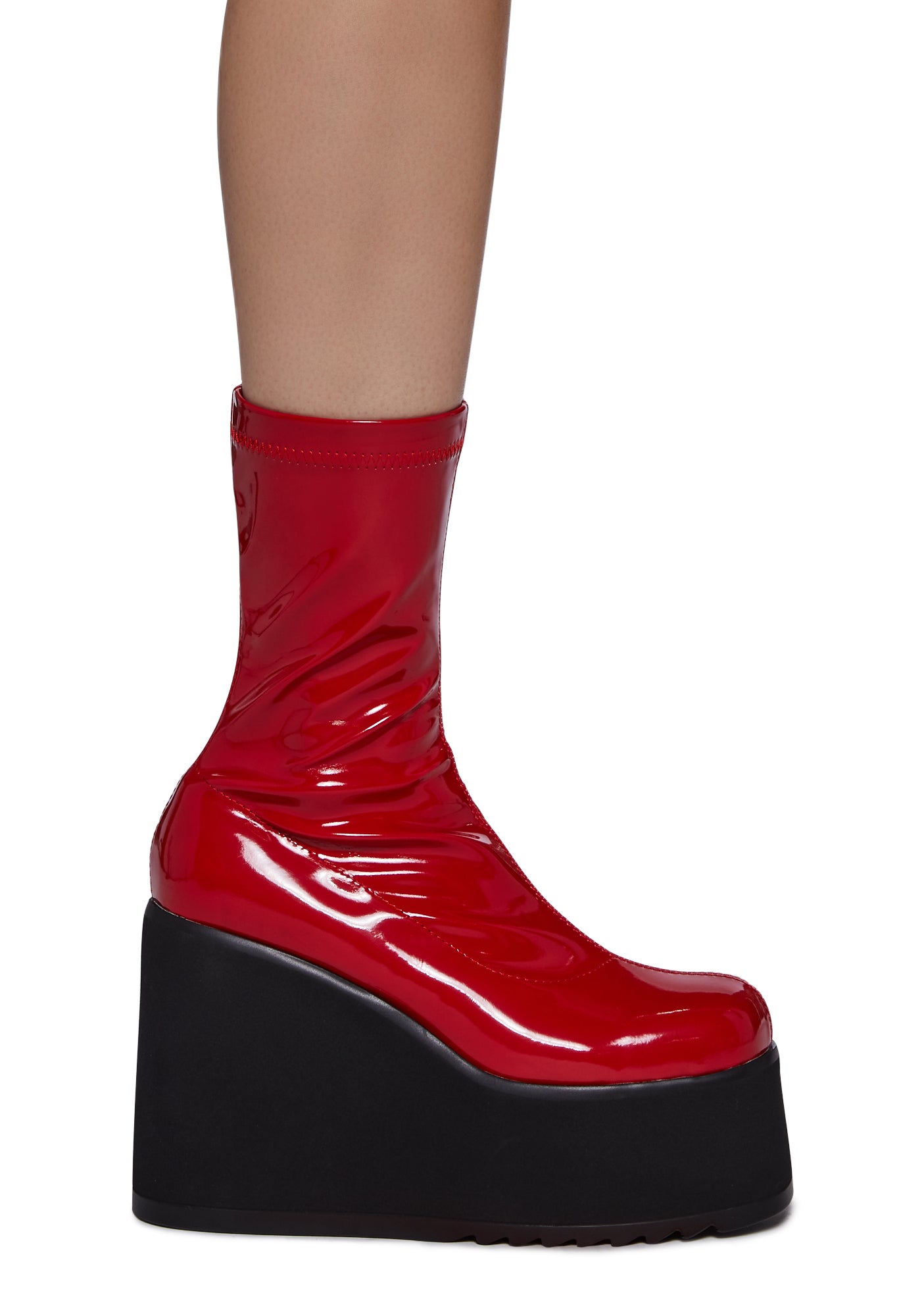 Lamoda Patent Vegan Leather Platform Wedge Boots - Red