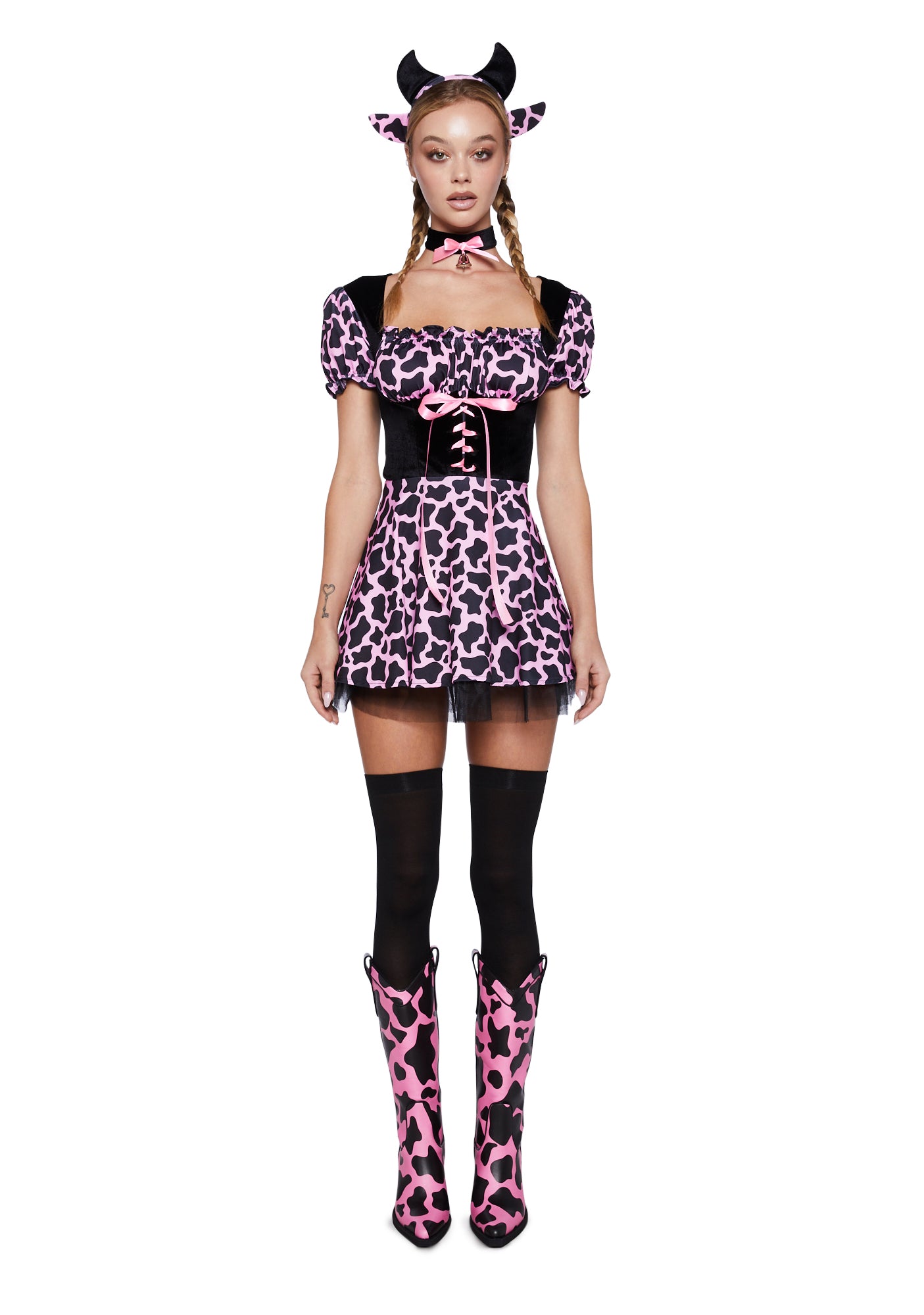Sexy Womens Halloween Costume Cowgirl Cow Mini Dress Costume Set Pink Dolls Kill