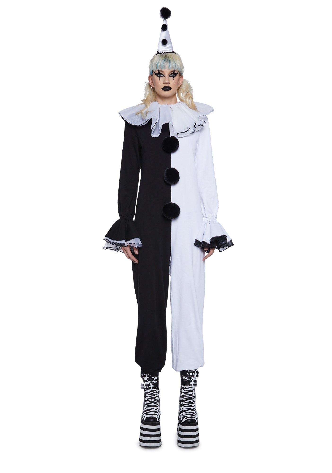 Sexy Womens Halloween Costume Pierrot Clown Onesie Costume Black White sexy-womens-halloween-costume-pierrot-clown-onesie-costume-black-white