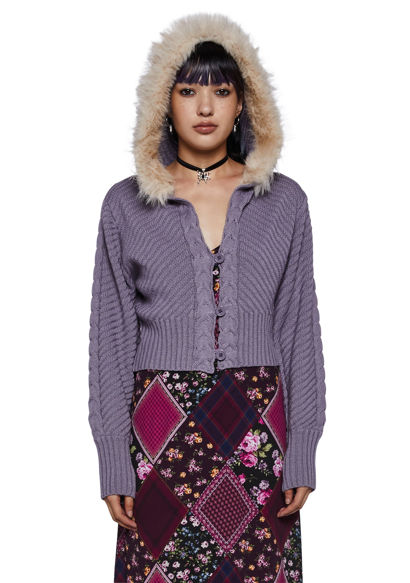 Delia's Faux Fur Lined Cable Knit Hoodie - Purple – Dolls Kill