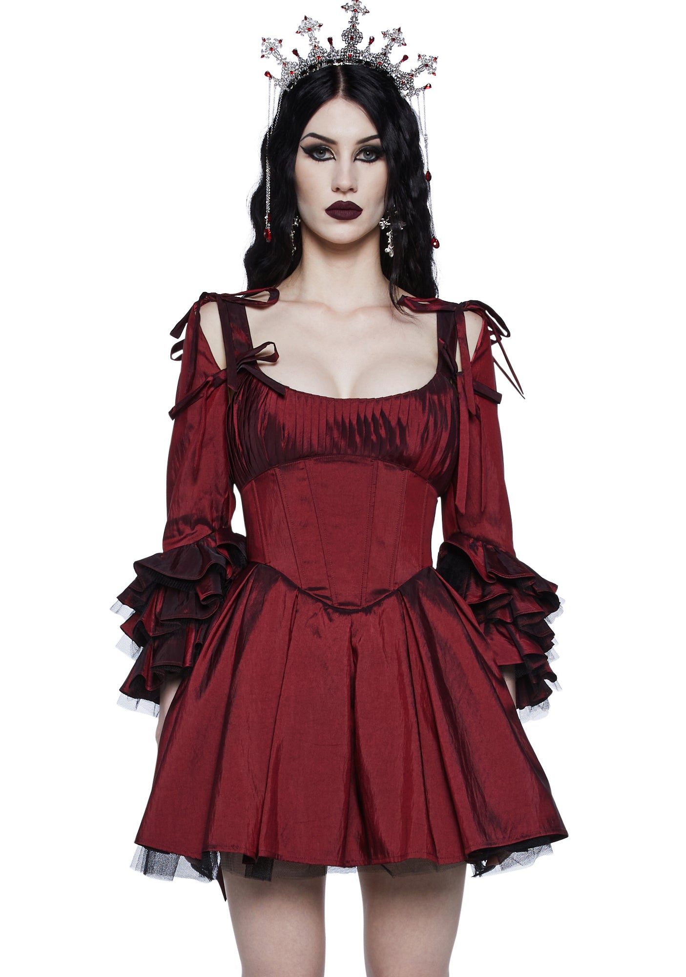 Unholy Taffeta Lace Up Mini Dress With Sleeves - Red