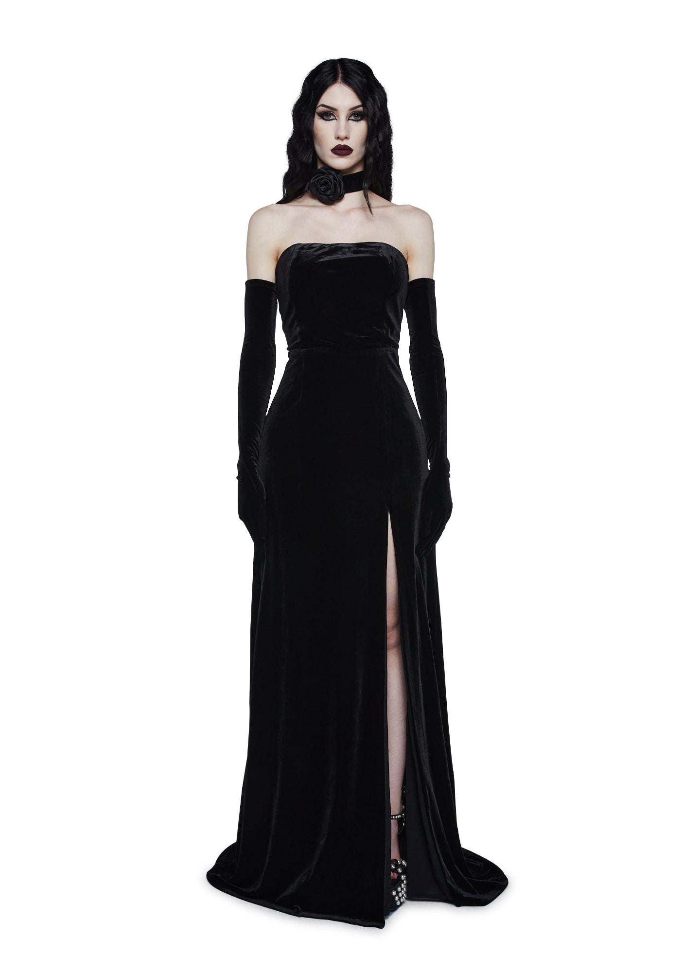 Unholy Velvet Maxi Dress With Gloves And Choker