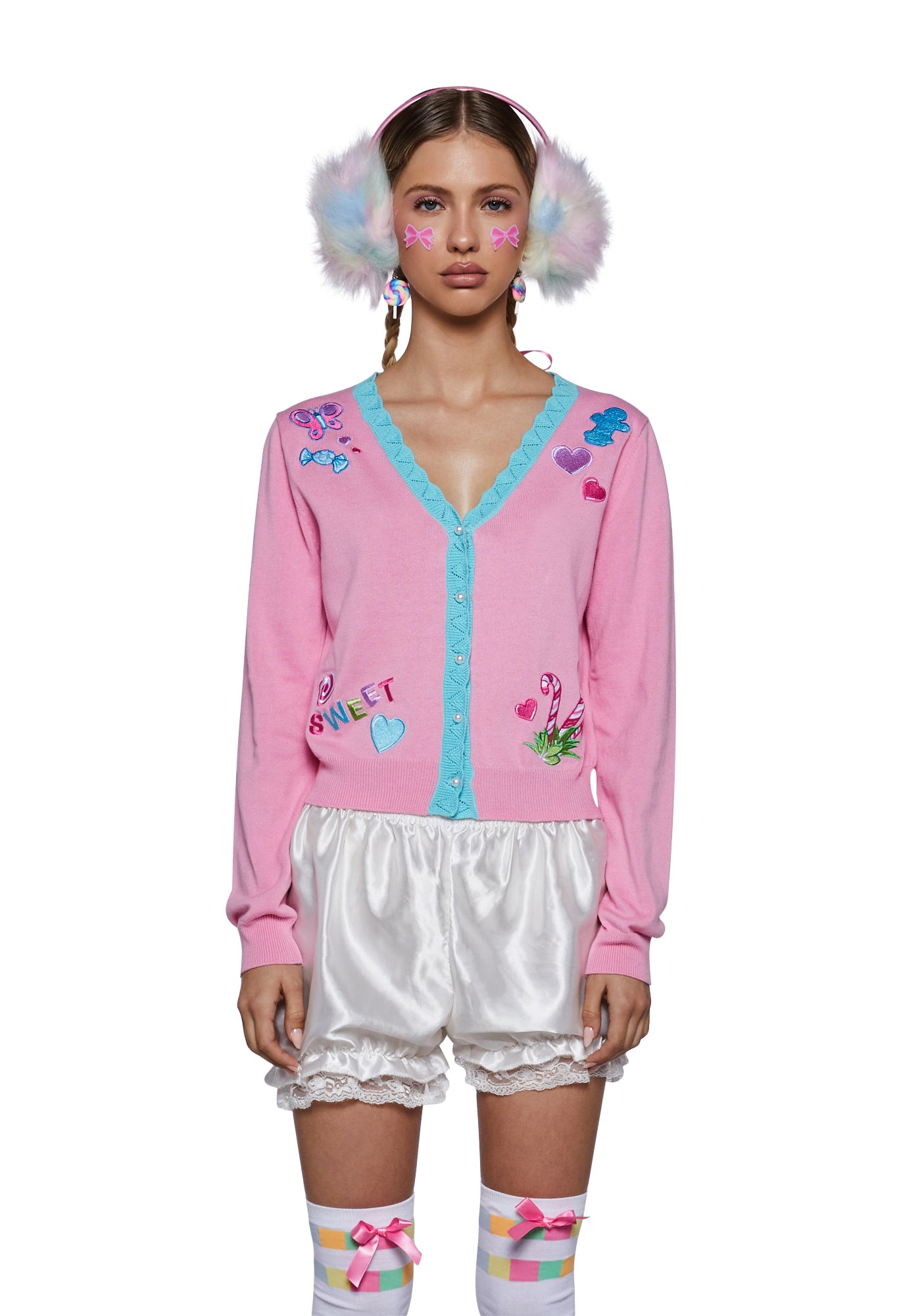 Dolls Kill x Candyland Embroidered Knit Cardigan - Pink