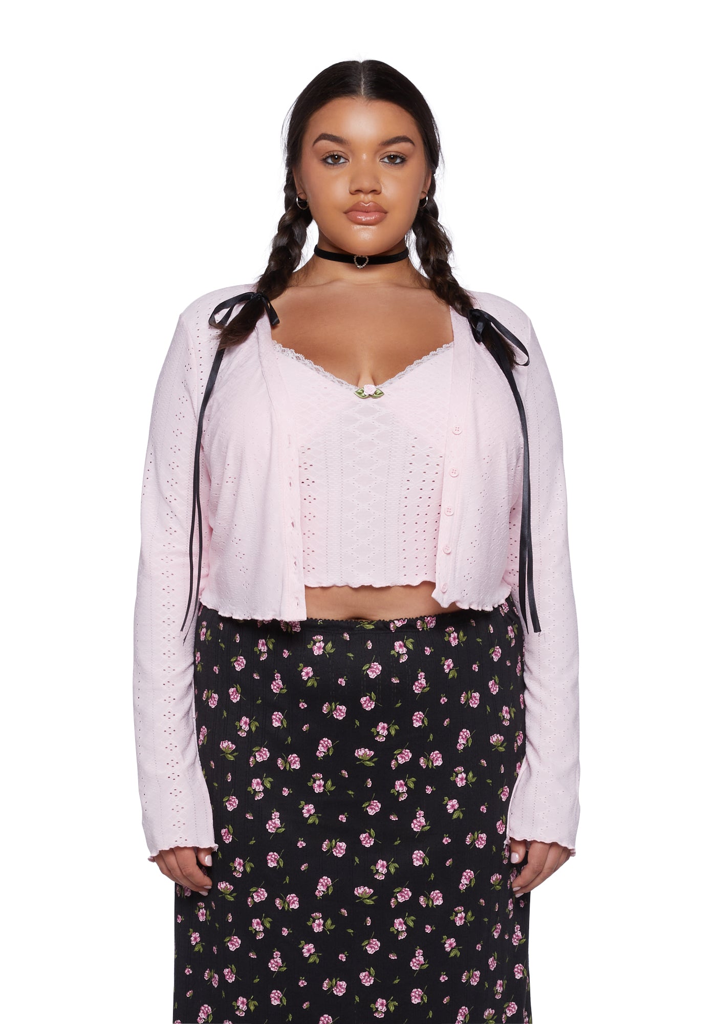 Plus Size Delia s Pointelle Knit Tank And Cardigan Set Pink