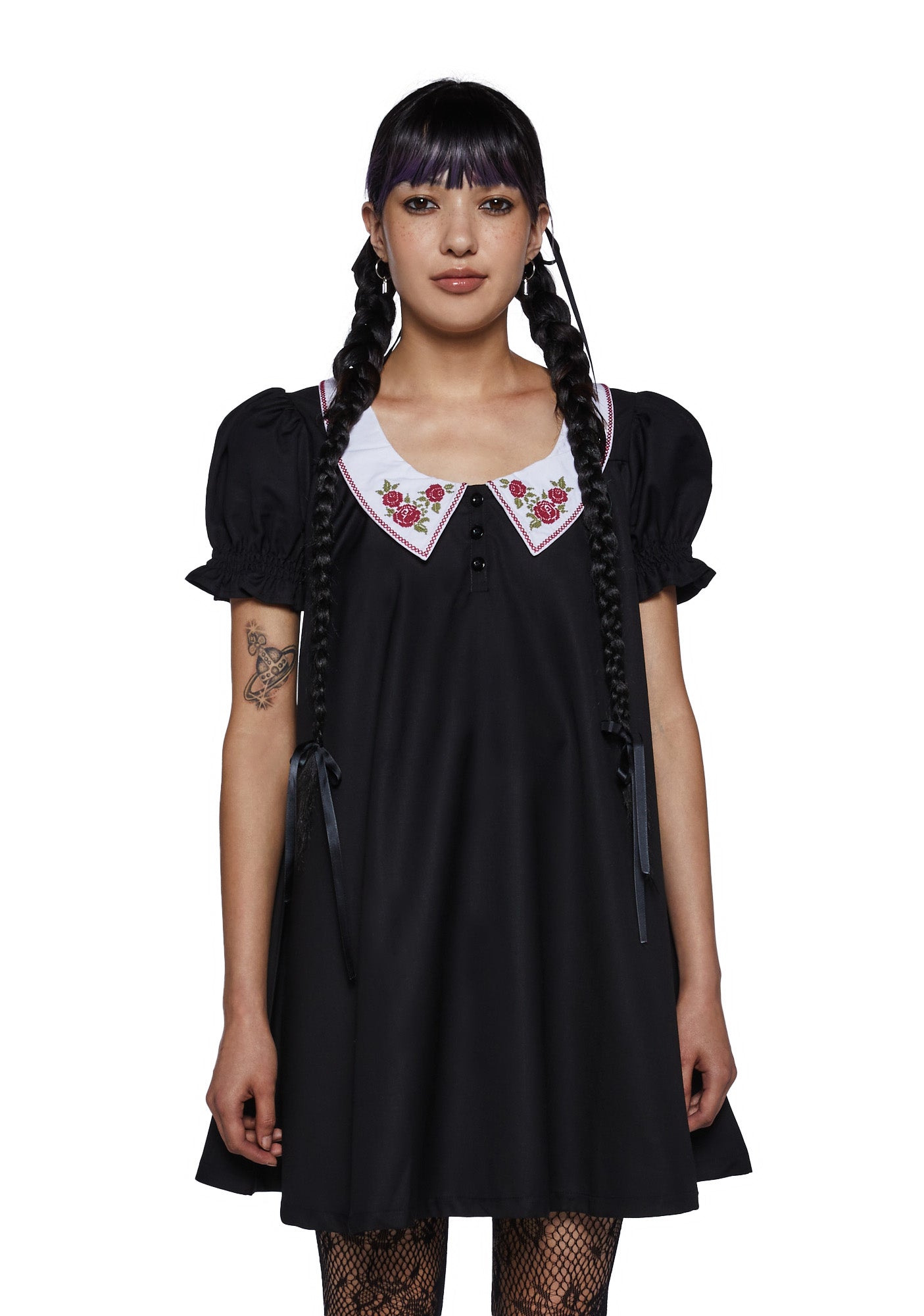 moon river black dress Delia's Collared Puff Sleeve Mini Babydoll Dress