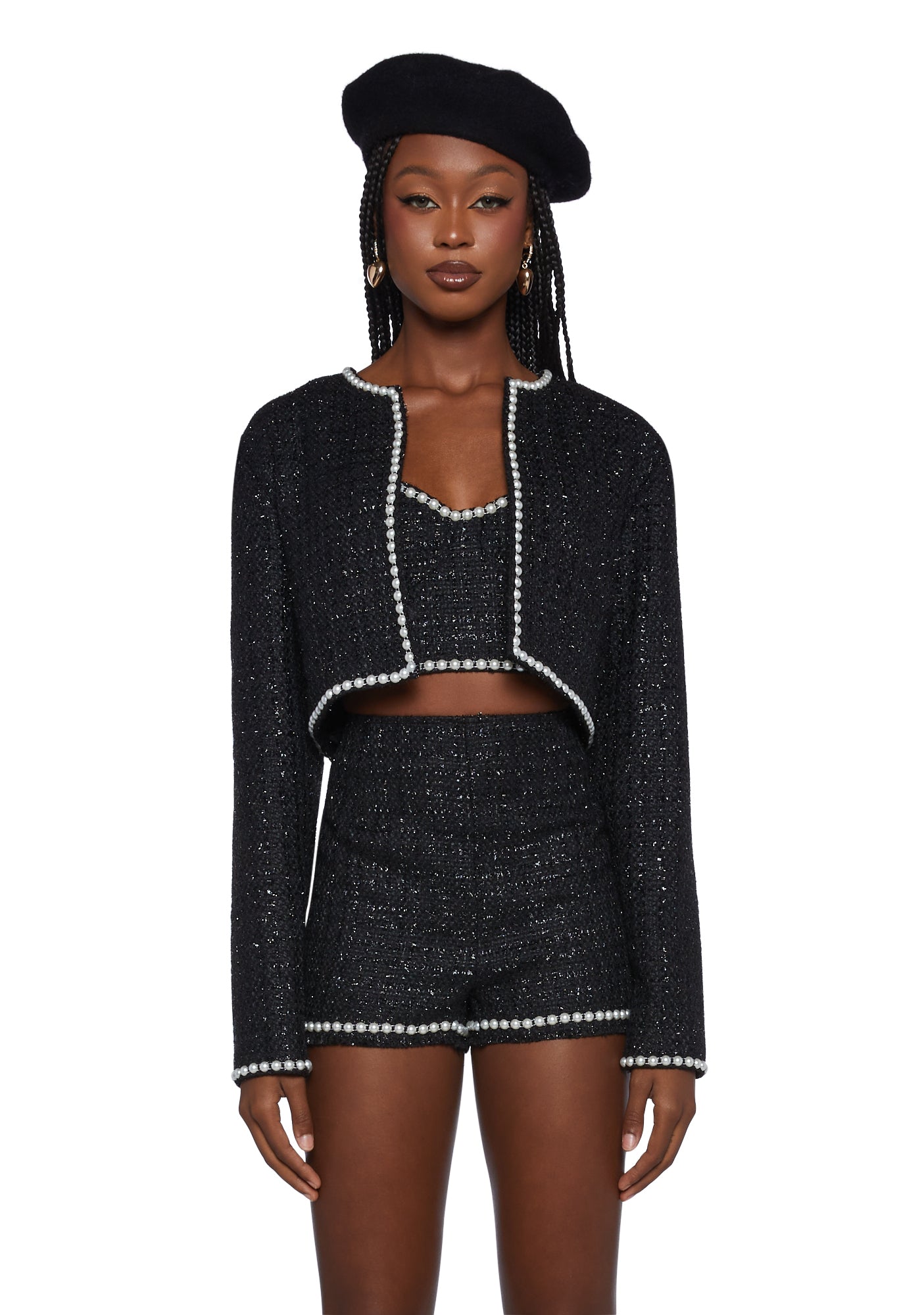 Sugar Thrillz Pearl Trim Tweed Top And Jacket Set Black