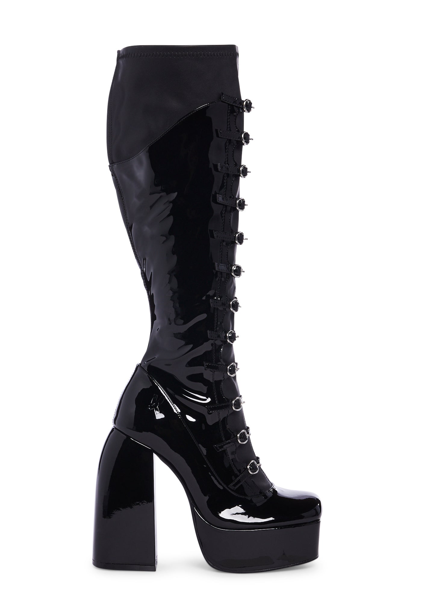 Koi Footwear Patent Vegan Vinyl Knee High Long Boots Black Dolls Kill