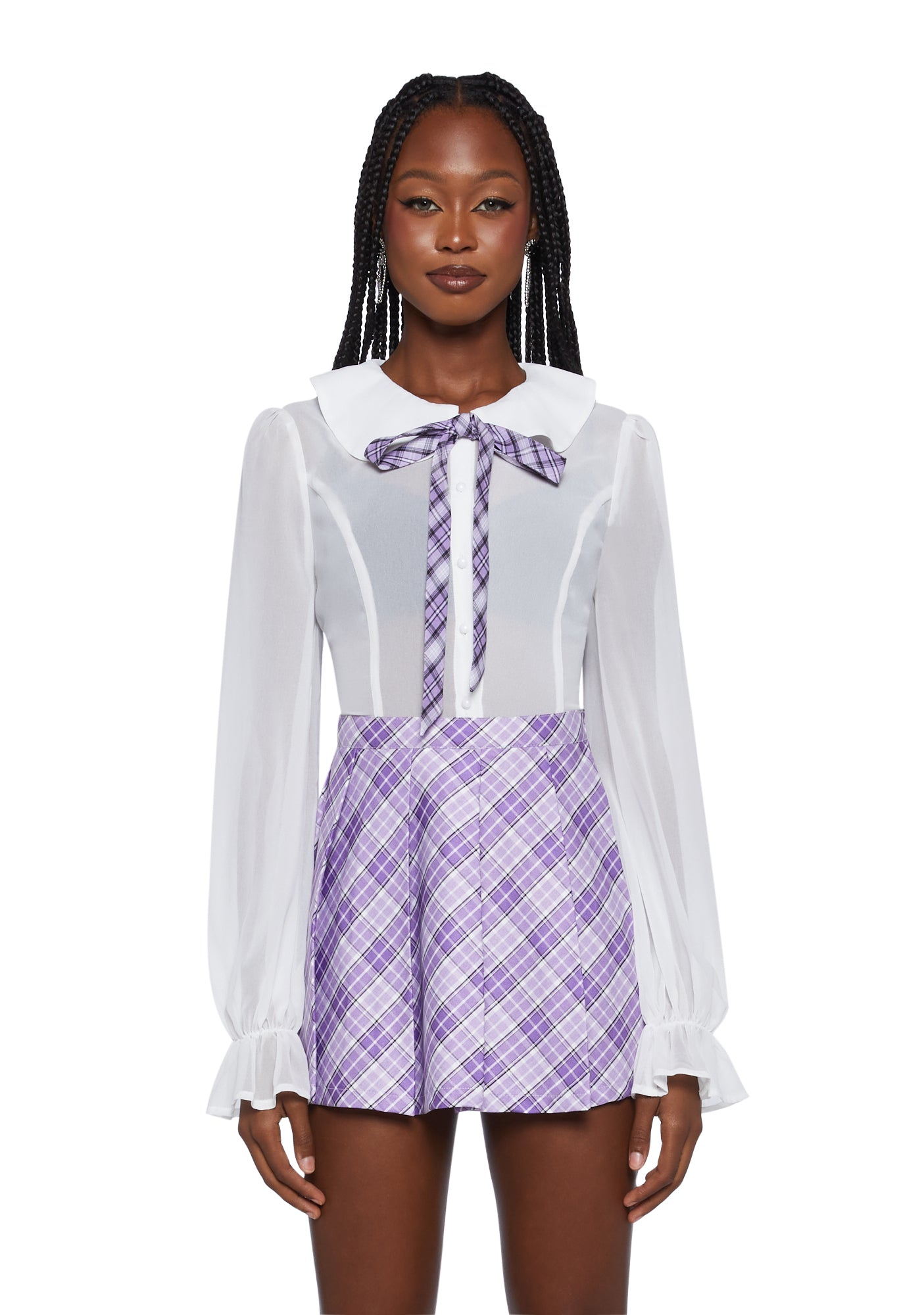 Sugar Thrillz Sheer Chiffon Blouse With Plaid Bow Tie White