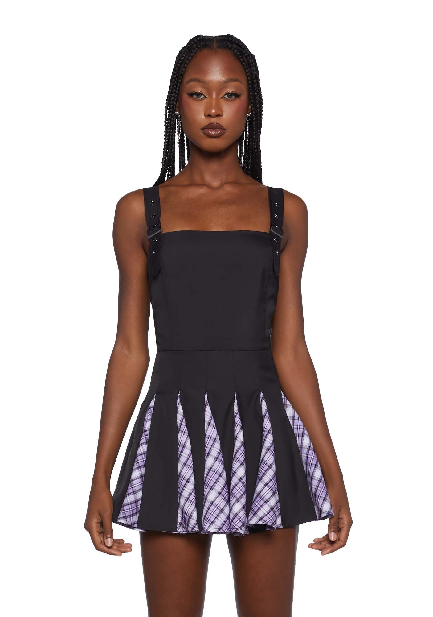 Sugar Thrillz Pleated Plaid Inset Mini Dress Black Dolls Kill