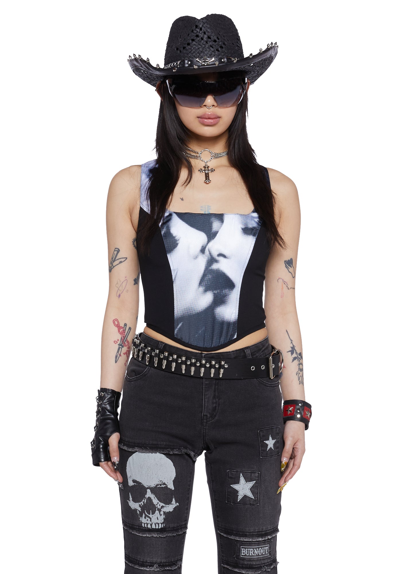 Current Mood Satin Kissing Graphic Crop Corset Top Black Dolls Kill