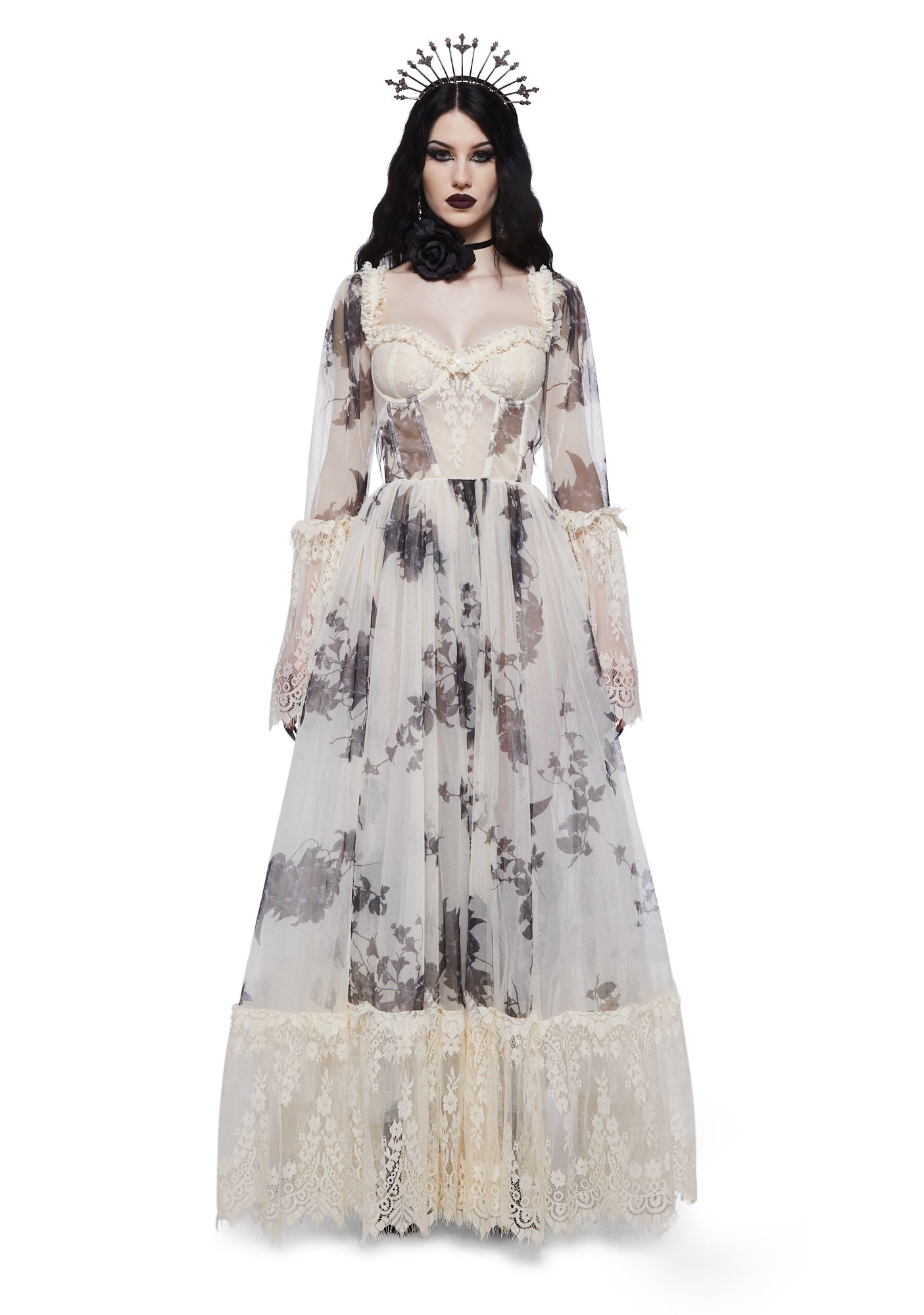 Widow Gothic Floral Lace Bustier Long Sleeve Maxi Gown - White