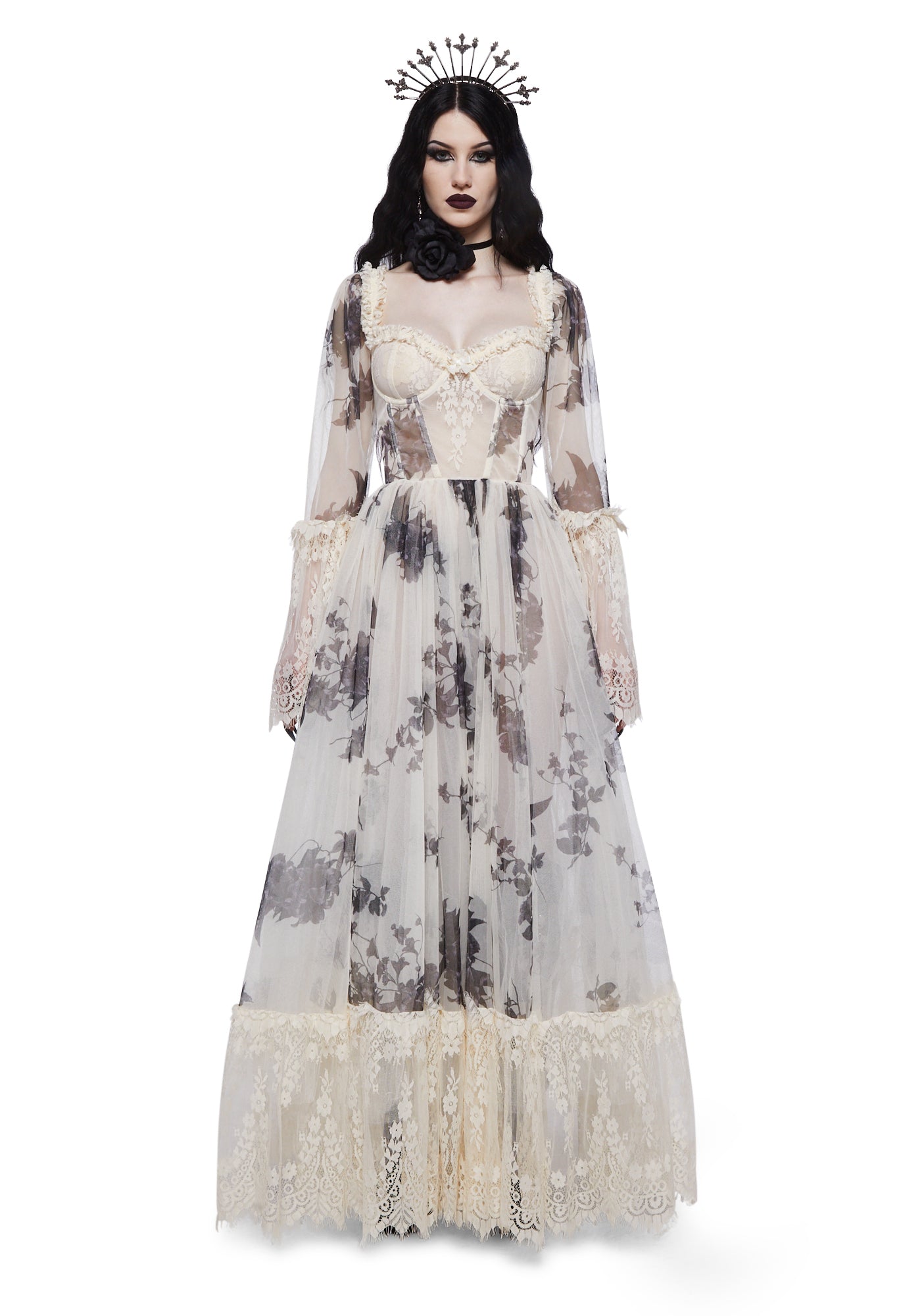 dolls kill white lace dress Widow Gothic Floral Lace Bustier Long Sleeve Maxi Gown