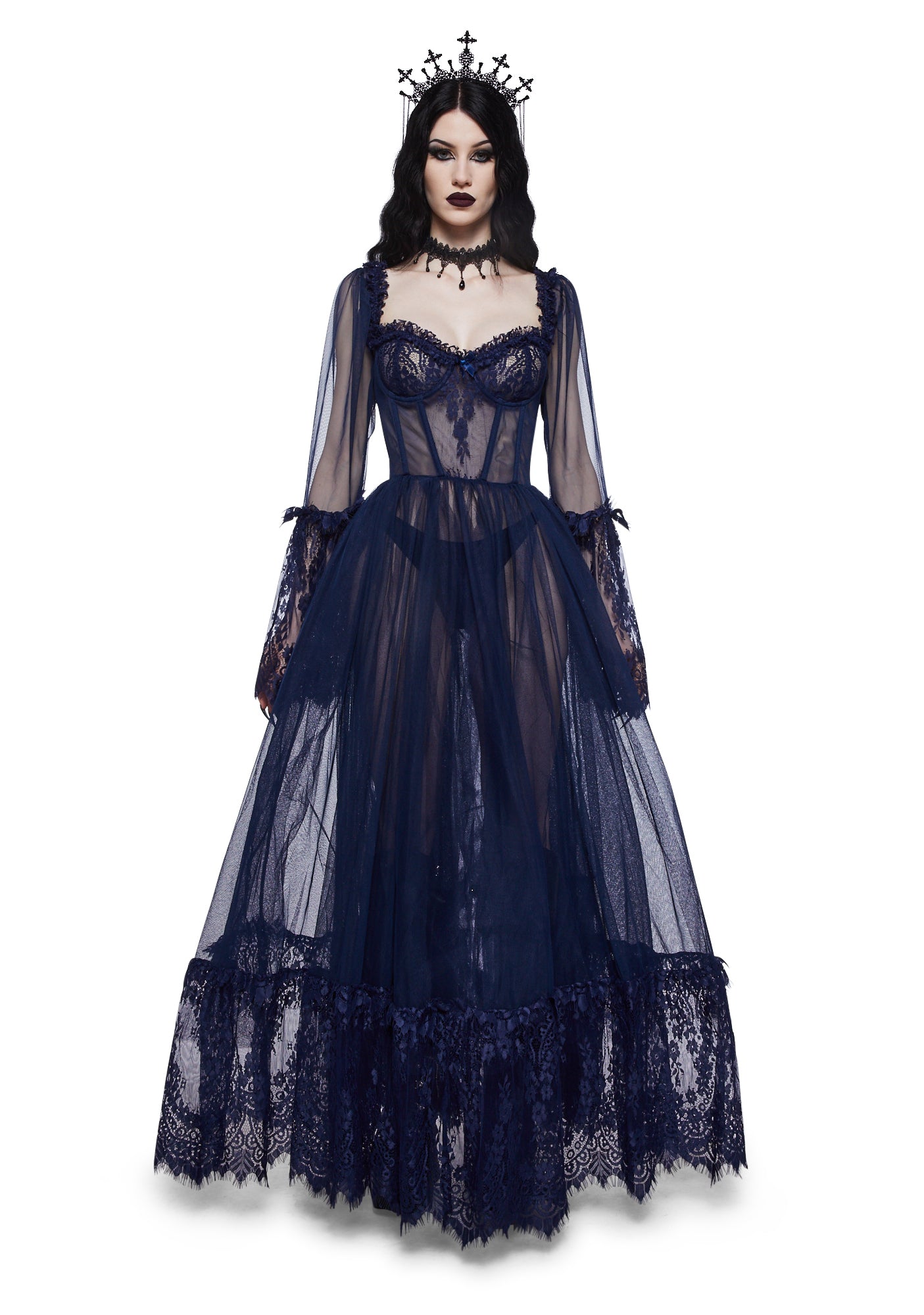 Widow Gothic Lace Bustier Long Sleeve Maxi Gown Blue – Dolls Kill