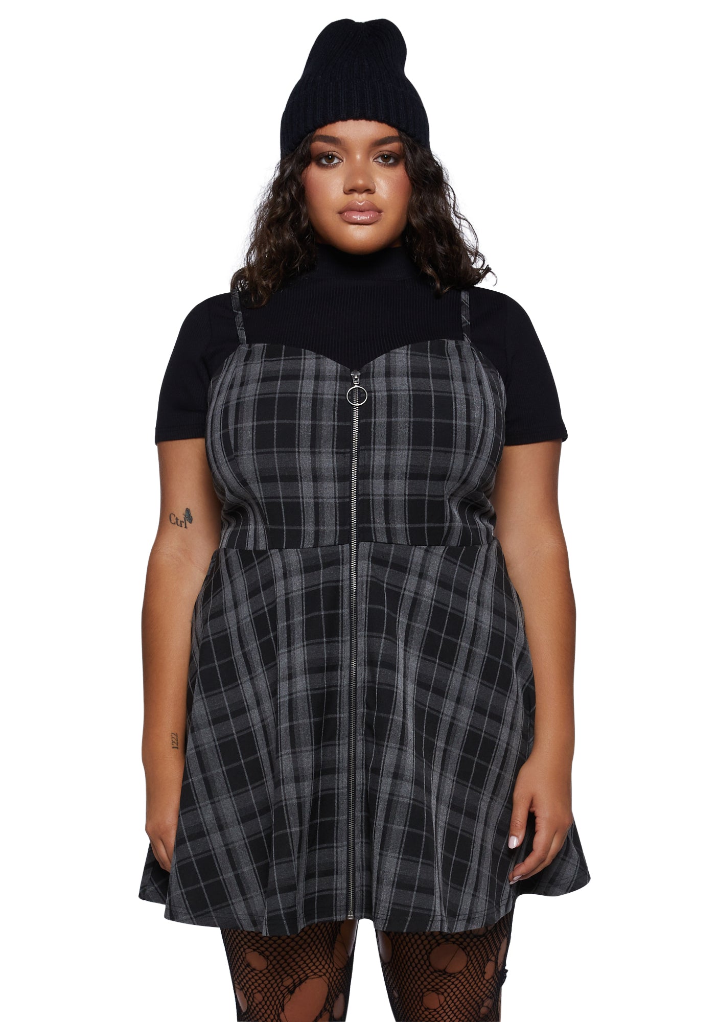 Plus Size Current Mood Ribed Top Plaid Mini Dress Set Black Dolls Kill