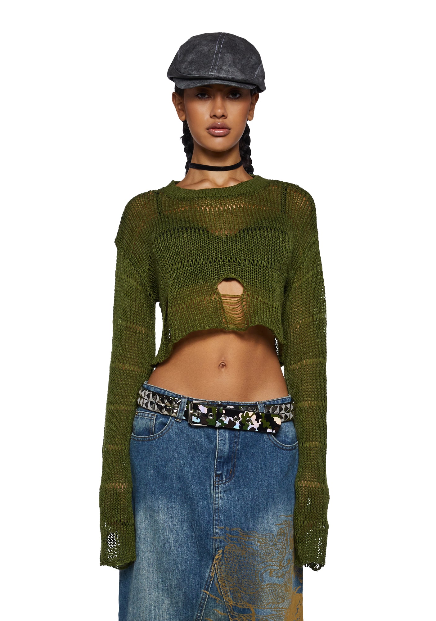 Olive green crop sweater top