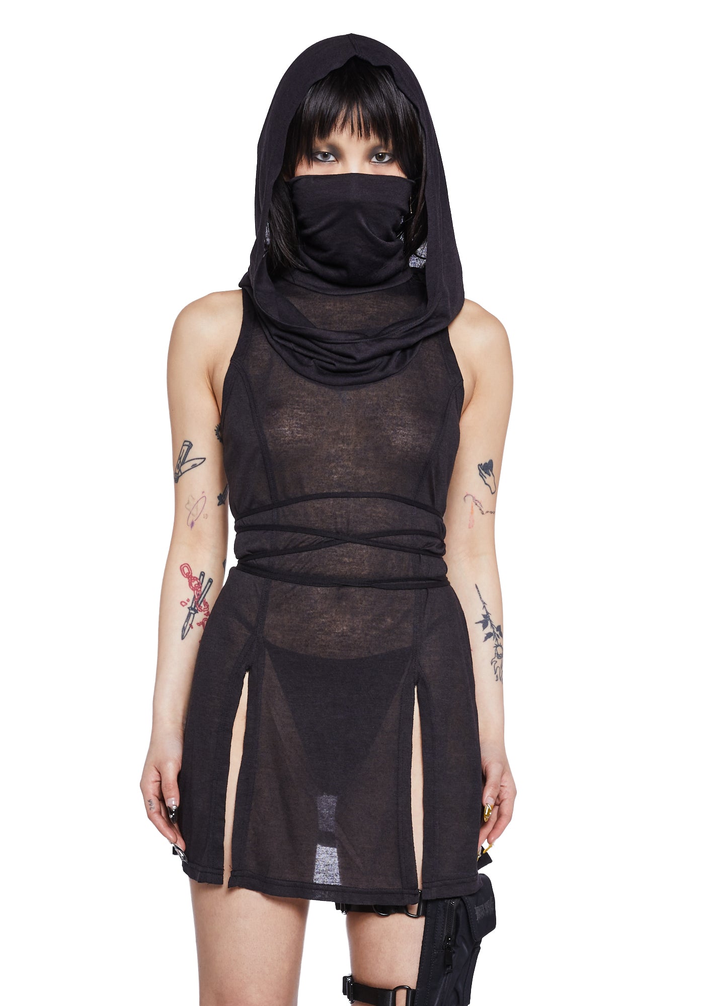 Darker Wavs Mask Hooded Slit Mini Dress - Black