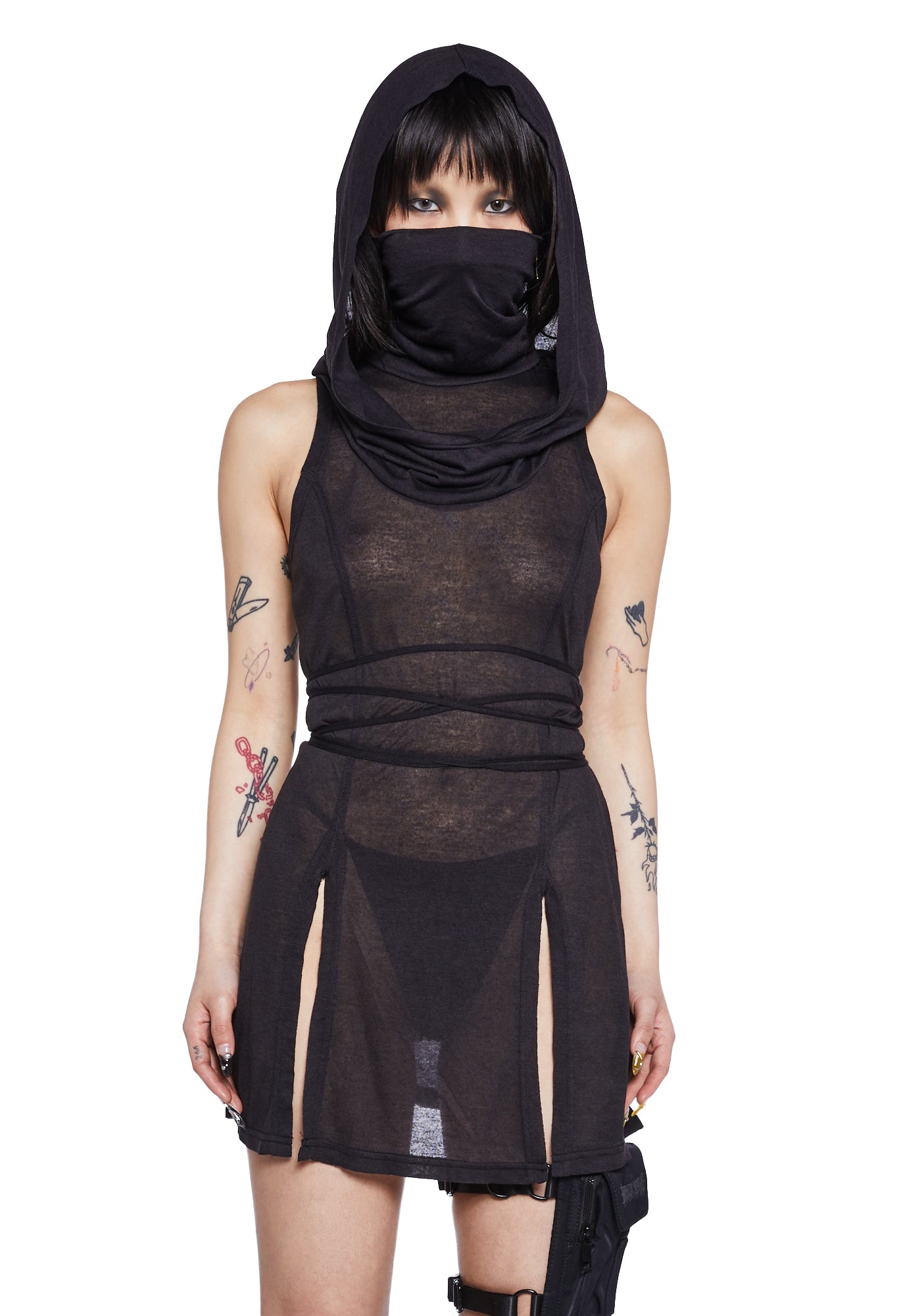 Darker Wavs Mask Hooded Slit Mini Dress - Black Dolls Kill Darker Wavs Mask Hooded Slit Mini Dress - Black Dolls Kill