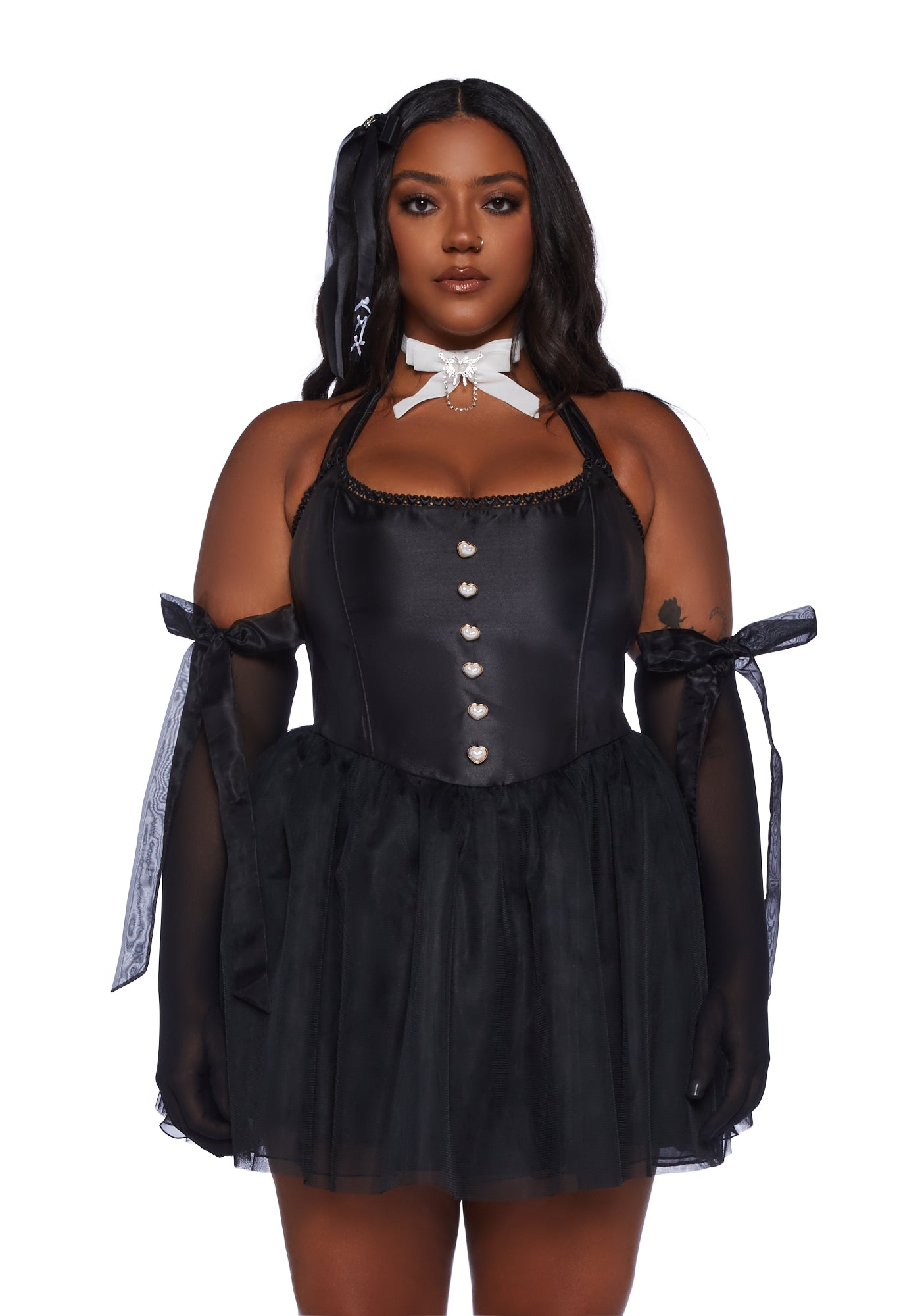 Plus Size Sugar Thrillz Sugar Thrillz Satin Heart Button Mini Dress Black Dolls Kill