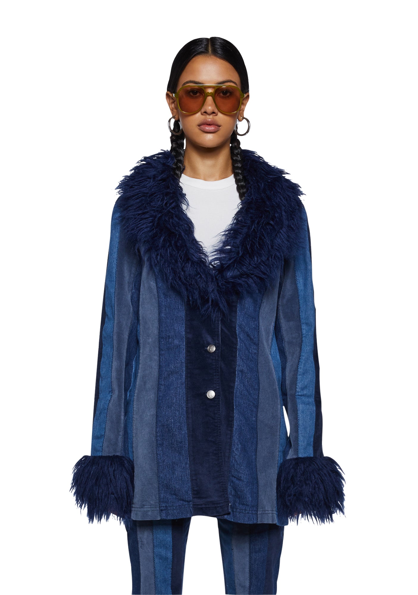 Blue fur trim coat sales