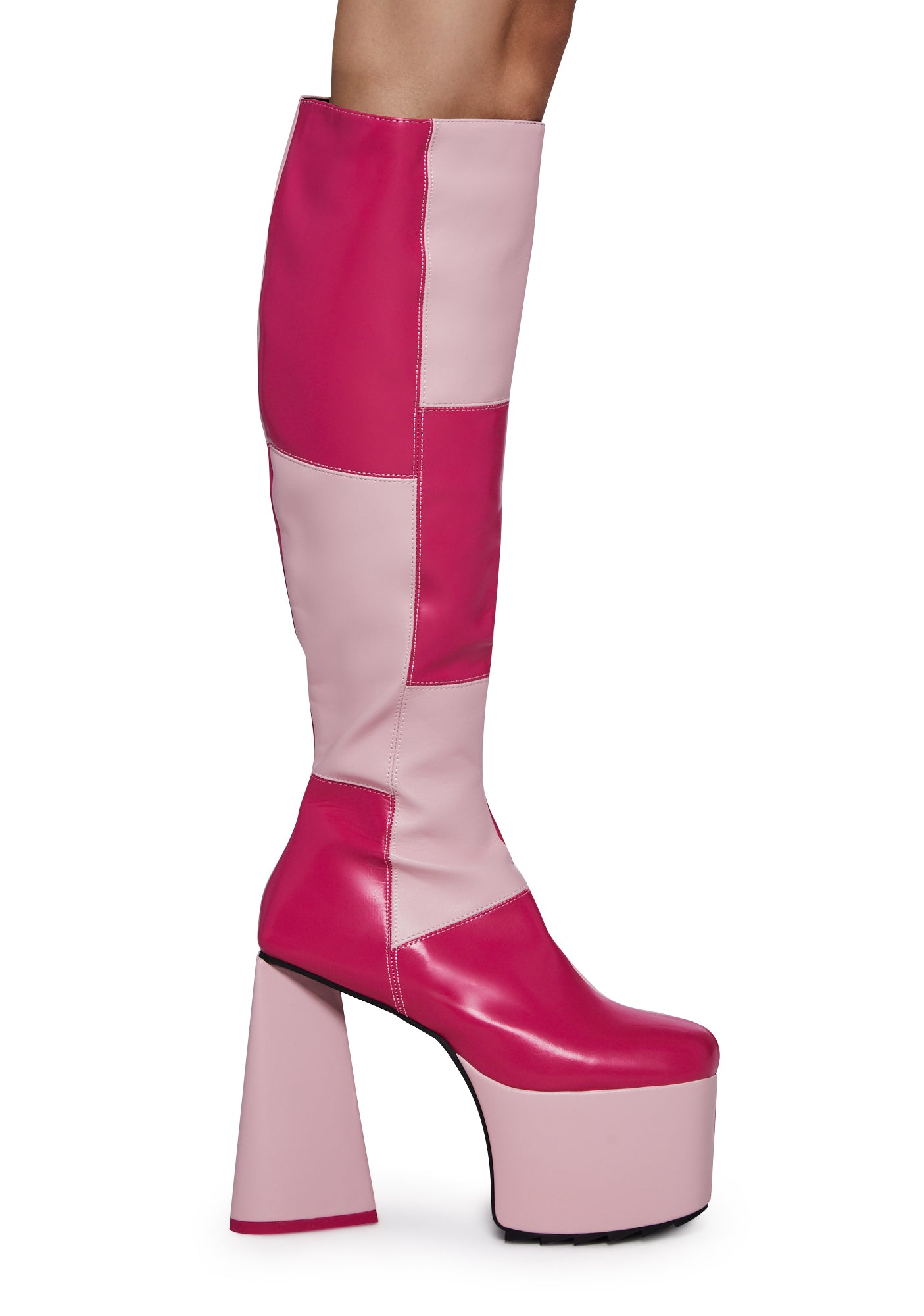 Lamoda Patchwork Heart Heel Knee High Boots Pink – Dolls Kill
