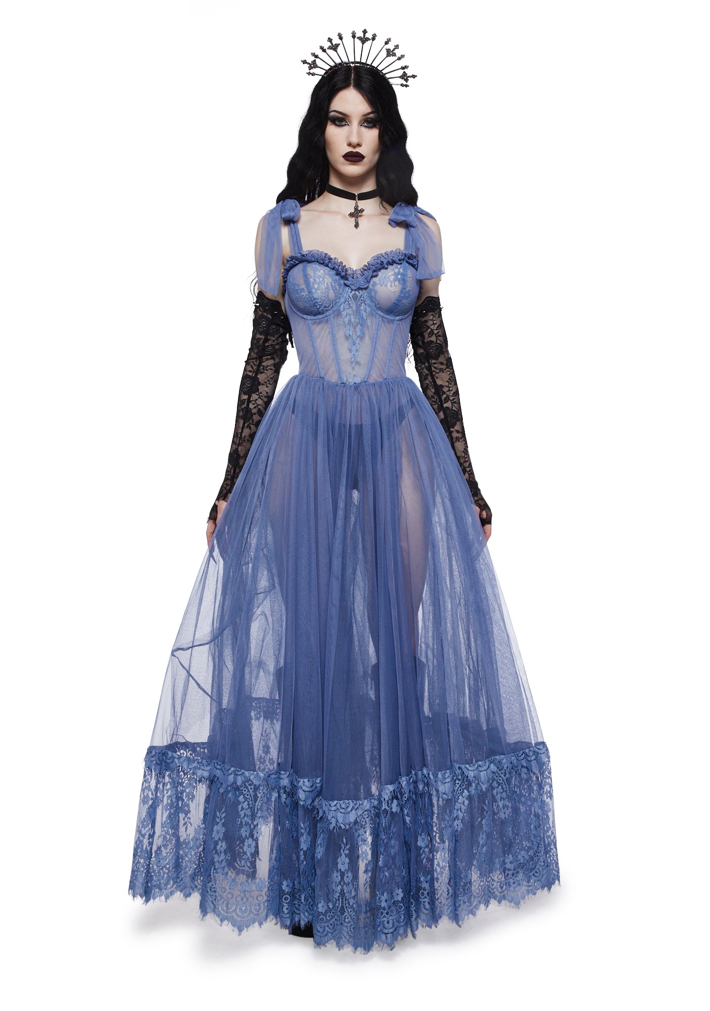 Widow Gothic Lace Bustier Sleeveless Maxi Dress - Light Blue Dolls Kill Widow Gothic Lace Bustier Sleeveless Maxi Dress - Light Blue Dolls Kill