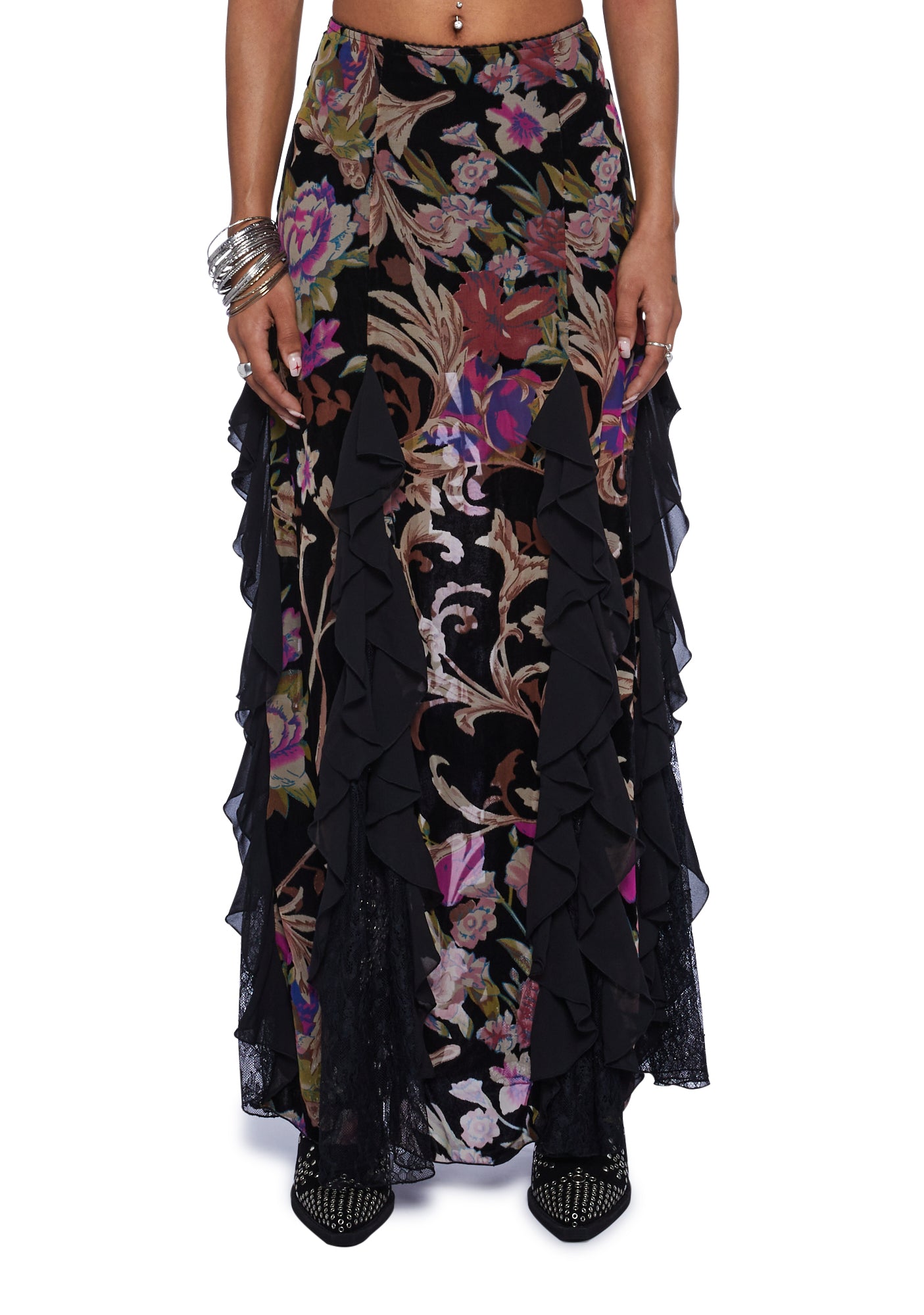 Current Mood Velvet Lace Floral Print Maxi Skirt - Multi