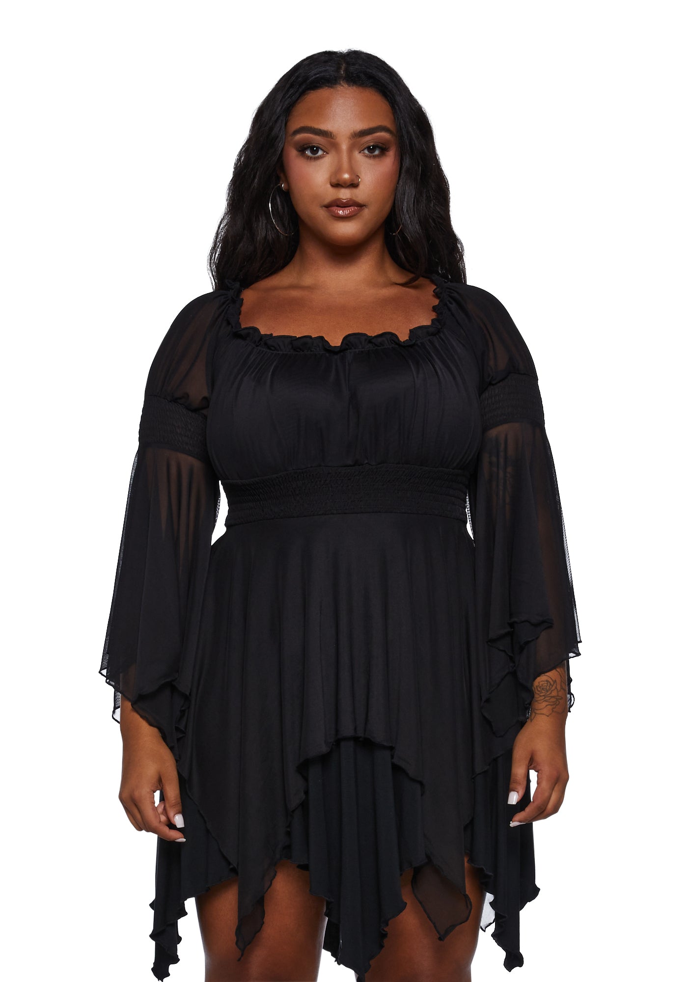 Plus Size Current Mood Smocked Shirred Mesh Mini Dress Black