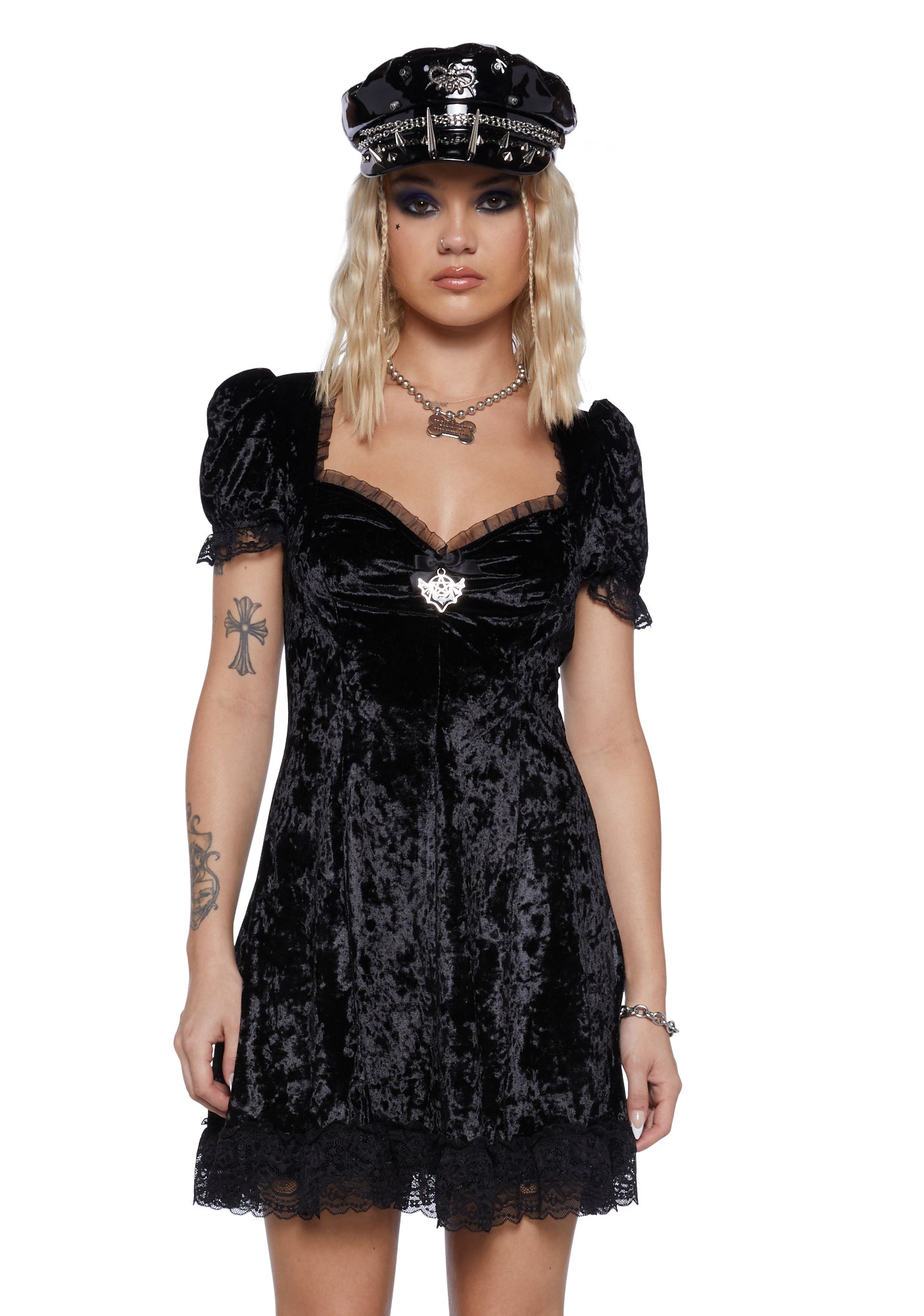 The Grave Girls Pentagram Bat Charm Velvet Dress - Black The Grave Girls Pentagram Bat Charm Velvet Dress - Black