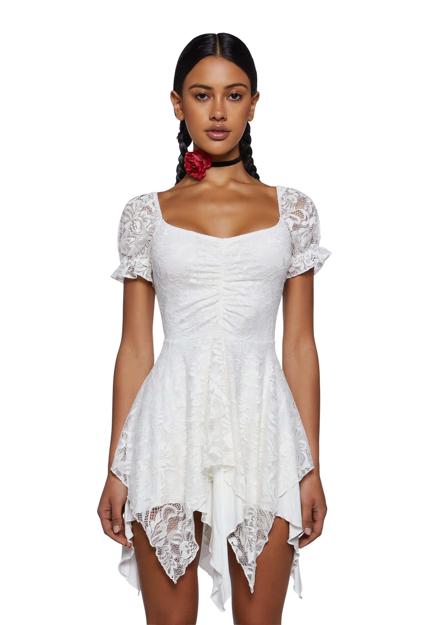 Current Mood Handkerchief Lace Puff Sleeve Mini Dress - White