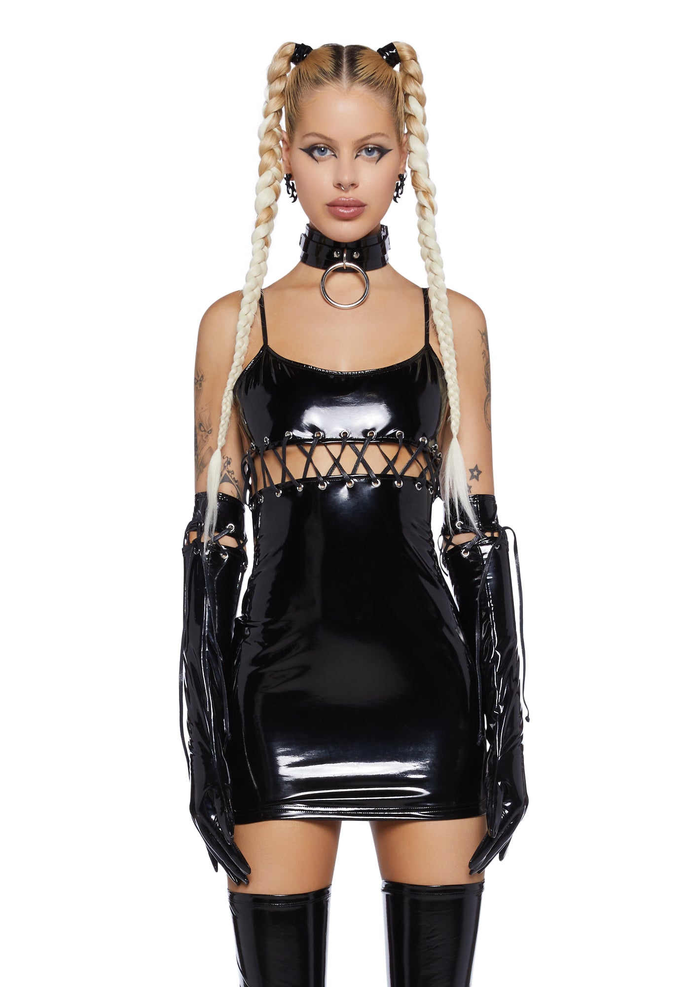 Clubb Exx Bodycon Dress And Glove Set- Black